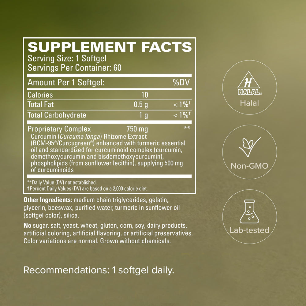 Terry Naturally etiqueta nutricional mostrando la garantía de curcuminoides