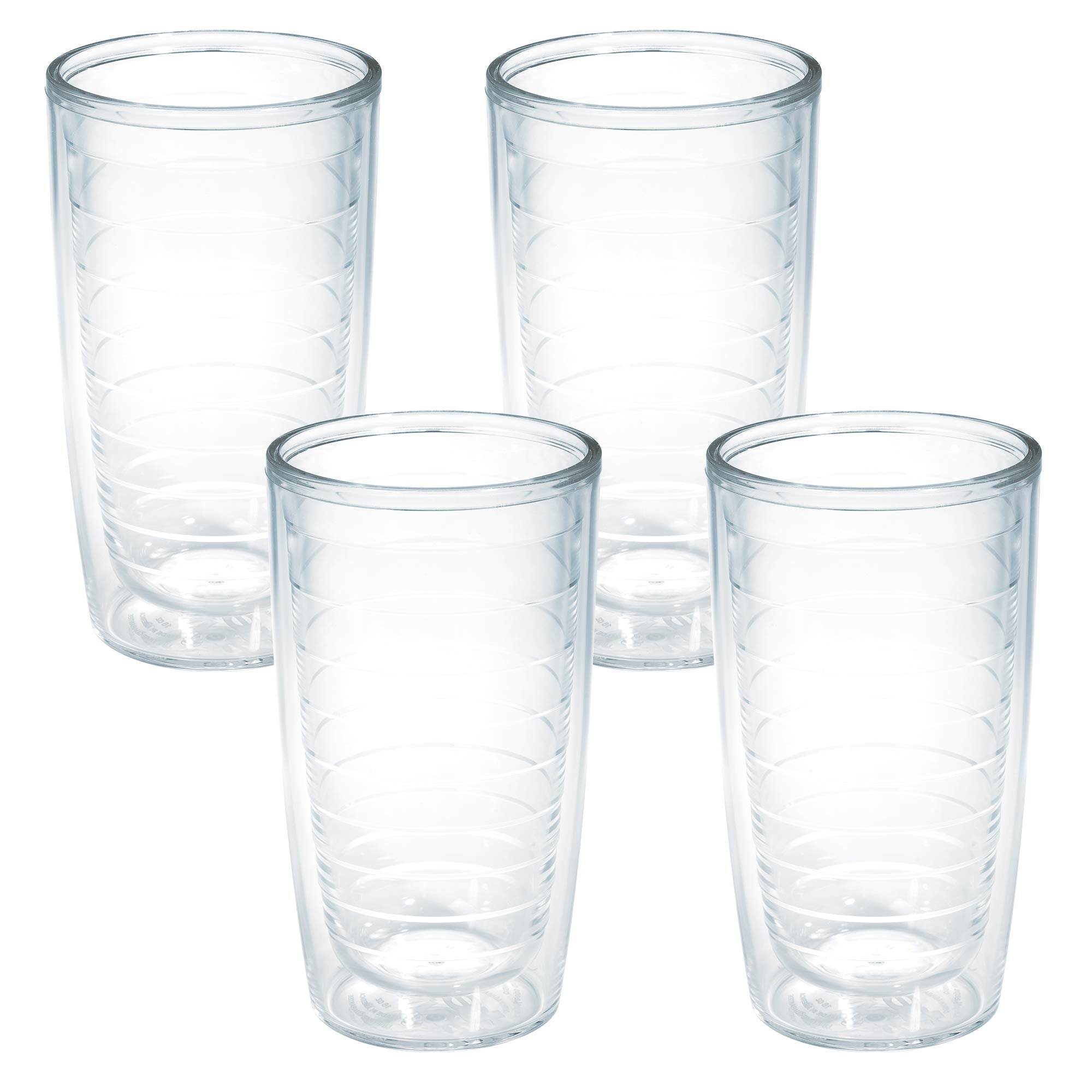 Tervis vaso paquete frontal mostrando cuatro vasos claros y beneficios de aislamiento