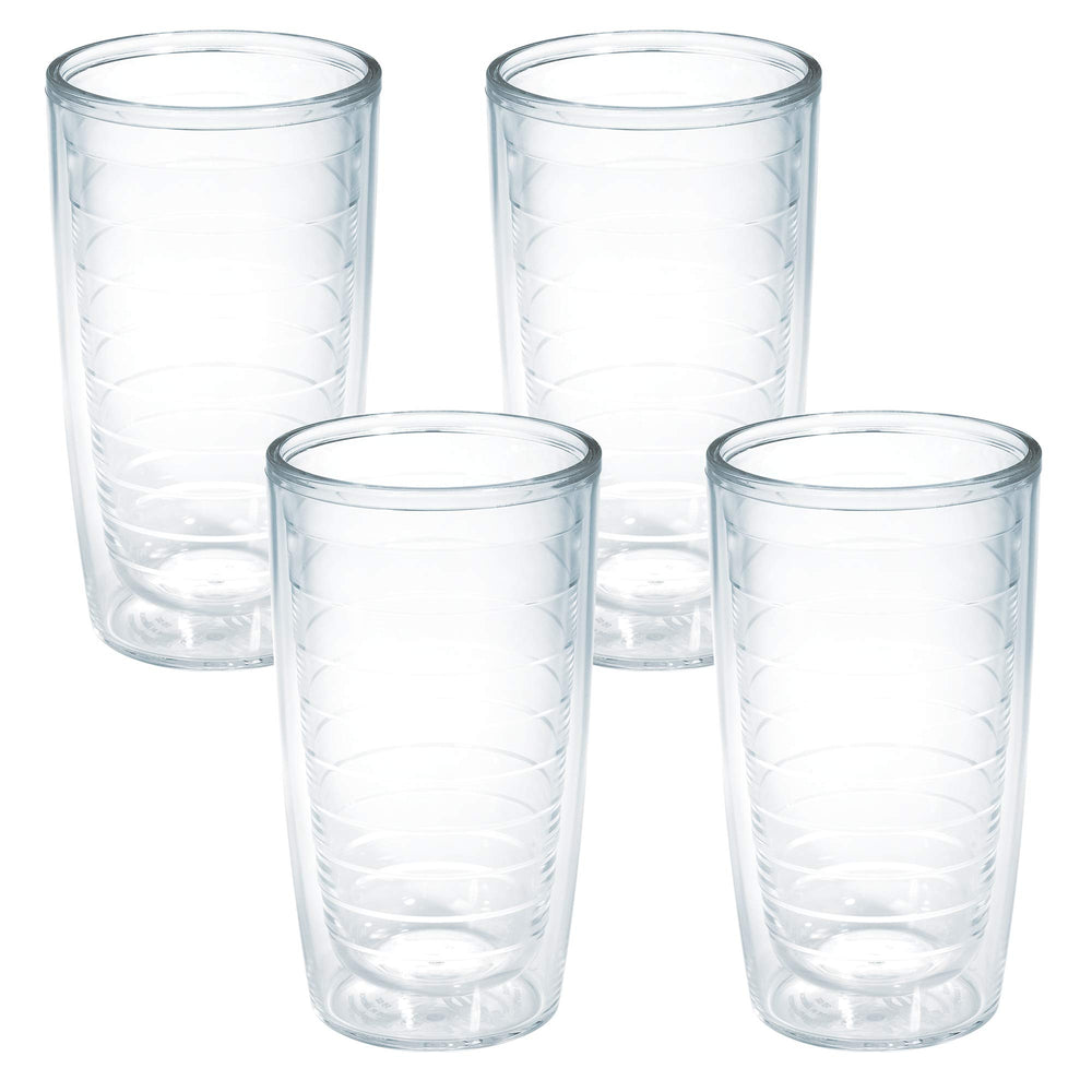 Tervis vaso paquete frontal mostrando cuatro vasos claros y beneficios de aislamiento