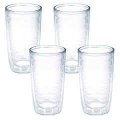Tervis vaso paquete frontal mostrando cuatro vasos claros y beneficios de aislamiento