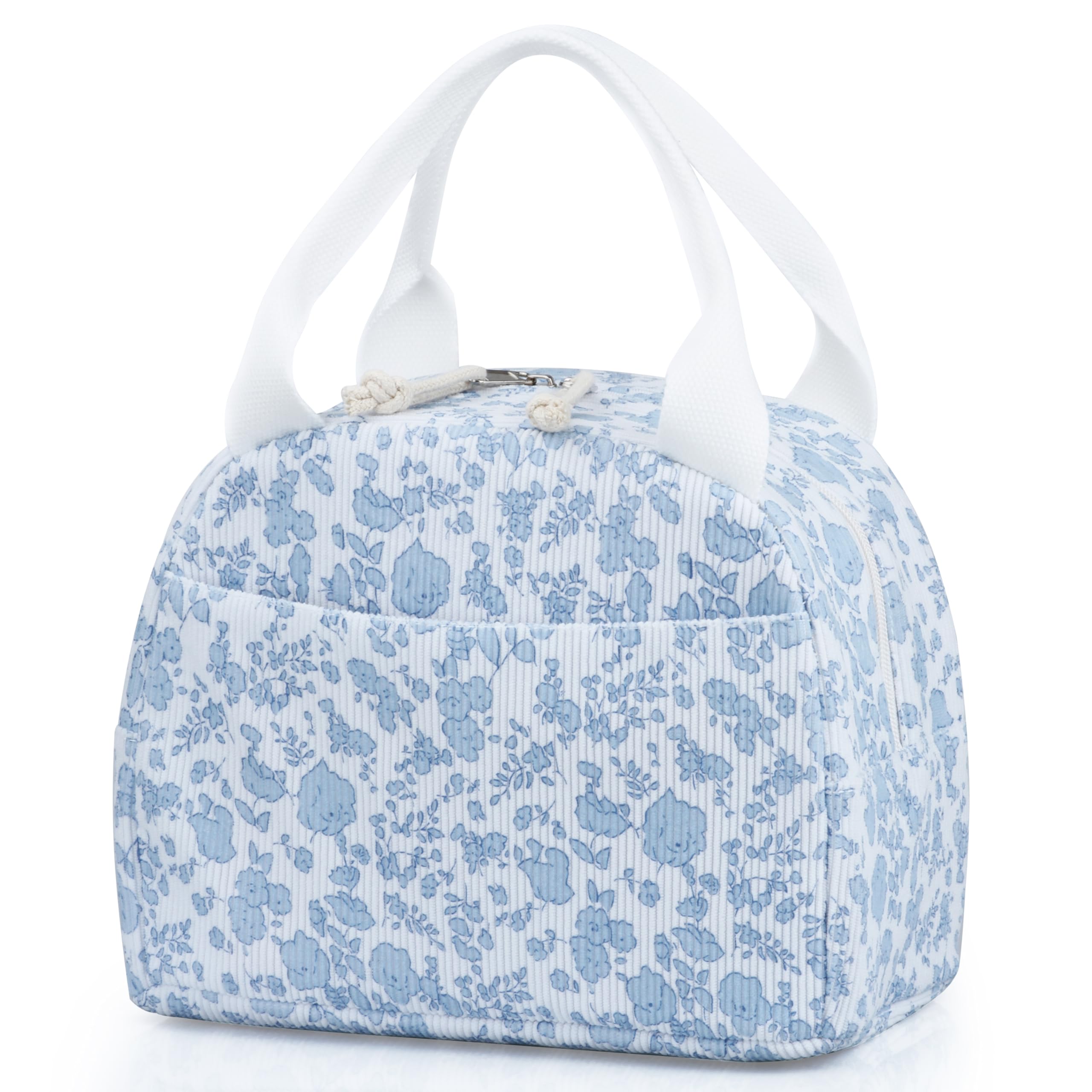 TESAFNG vista frontal de la lonchera corduroy azul con flores mostrando cierre y asas
