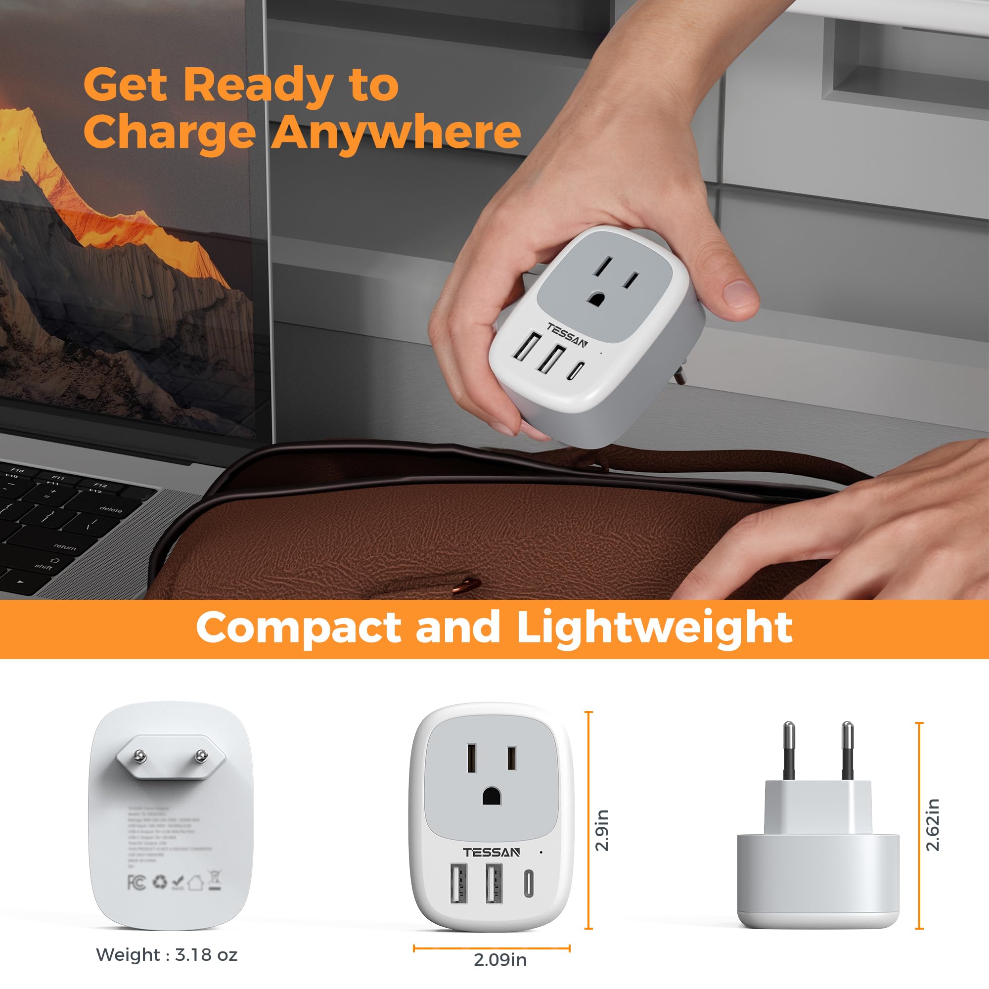 TESSAN adaptador en mano para comparar tamaño compacto y llevar en maleta