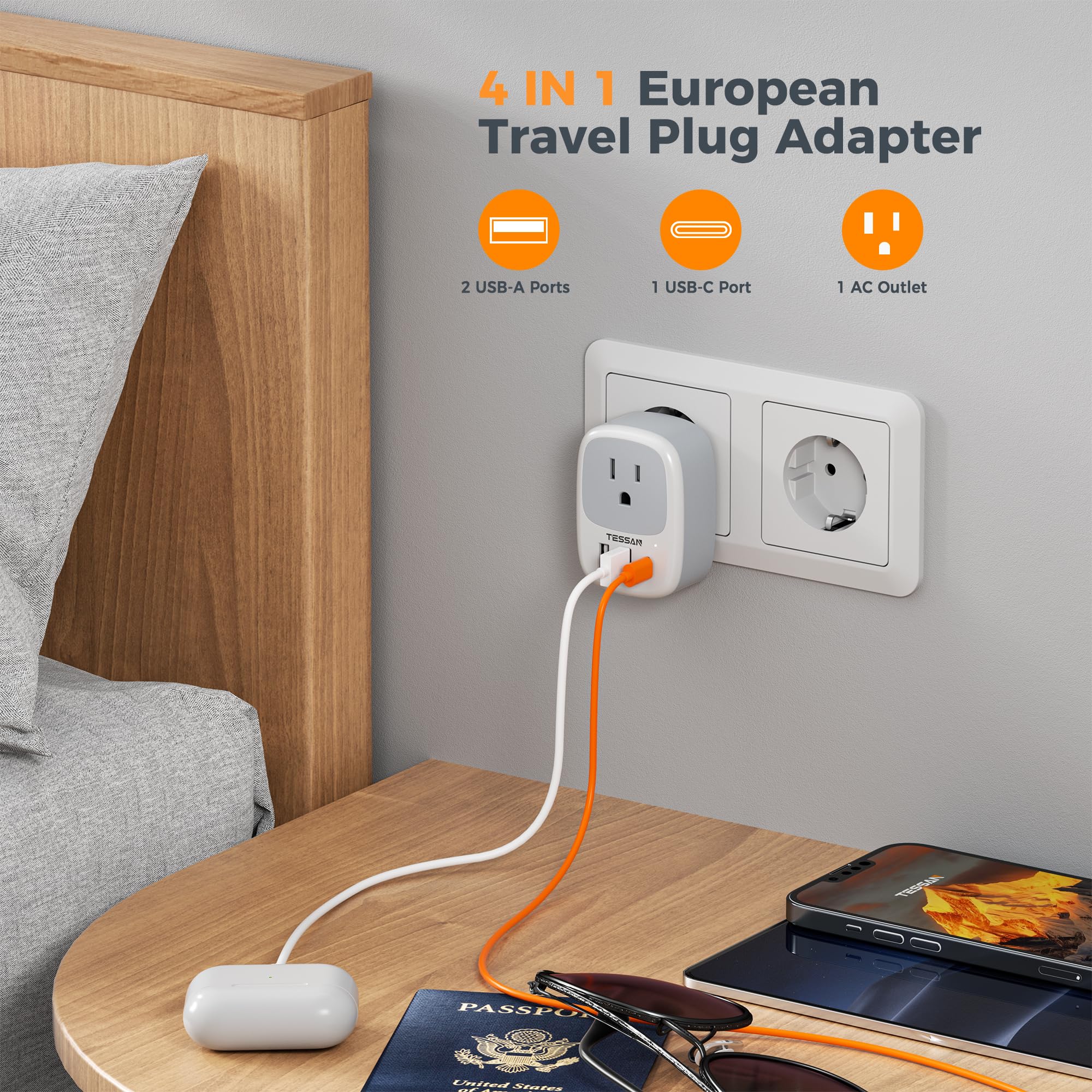 TESSAN vista del enchufe tipo C compatible con tomas europeas para uso en viaje