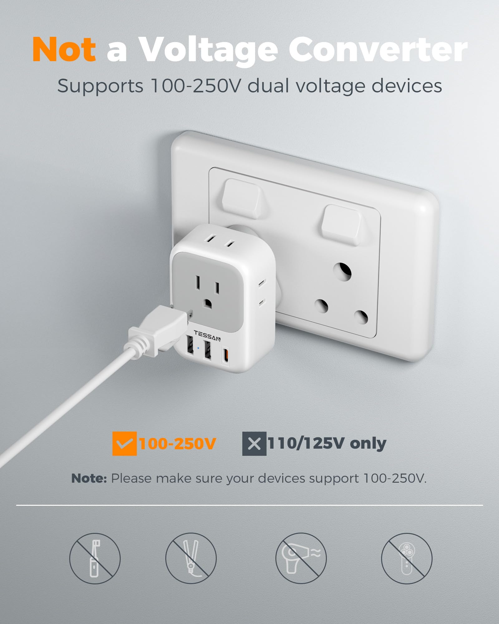 TESSAN adaptador junto a un móvil para comparar tamaño, compacto y fácil de guardar