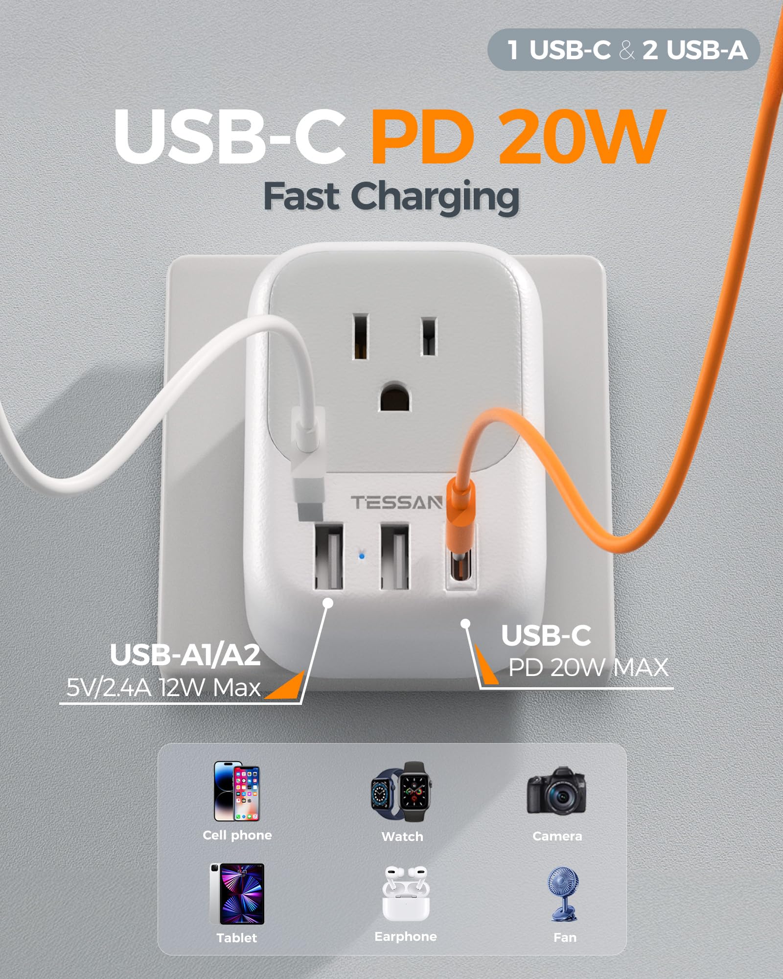 TESSAN adaptador en uso en habitación de hotel, permite enchufar varios dispositivos a la vez