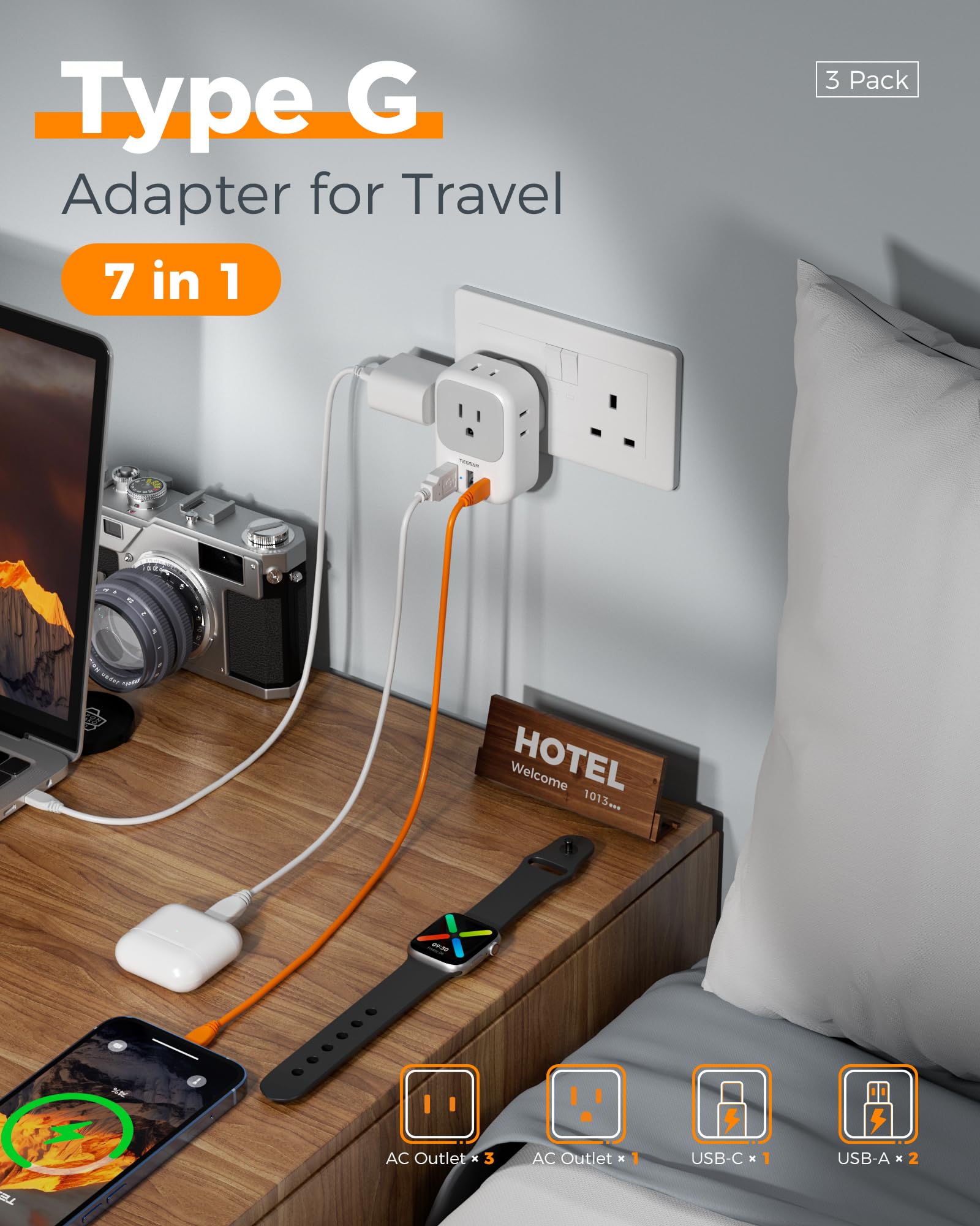 TESSAN adapter plugged into hotel wall powering several devices for travel convenience