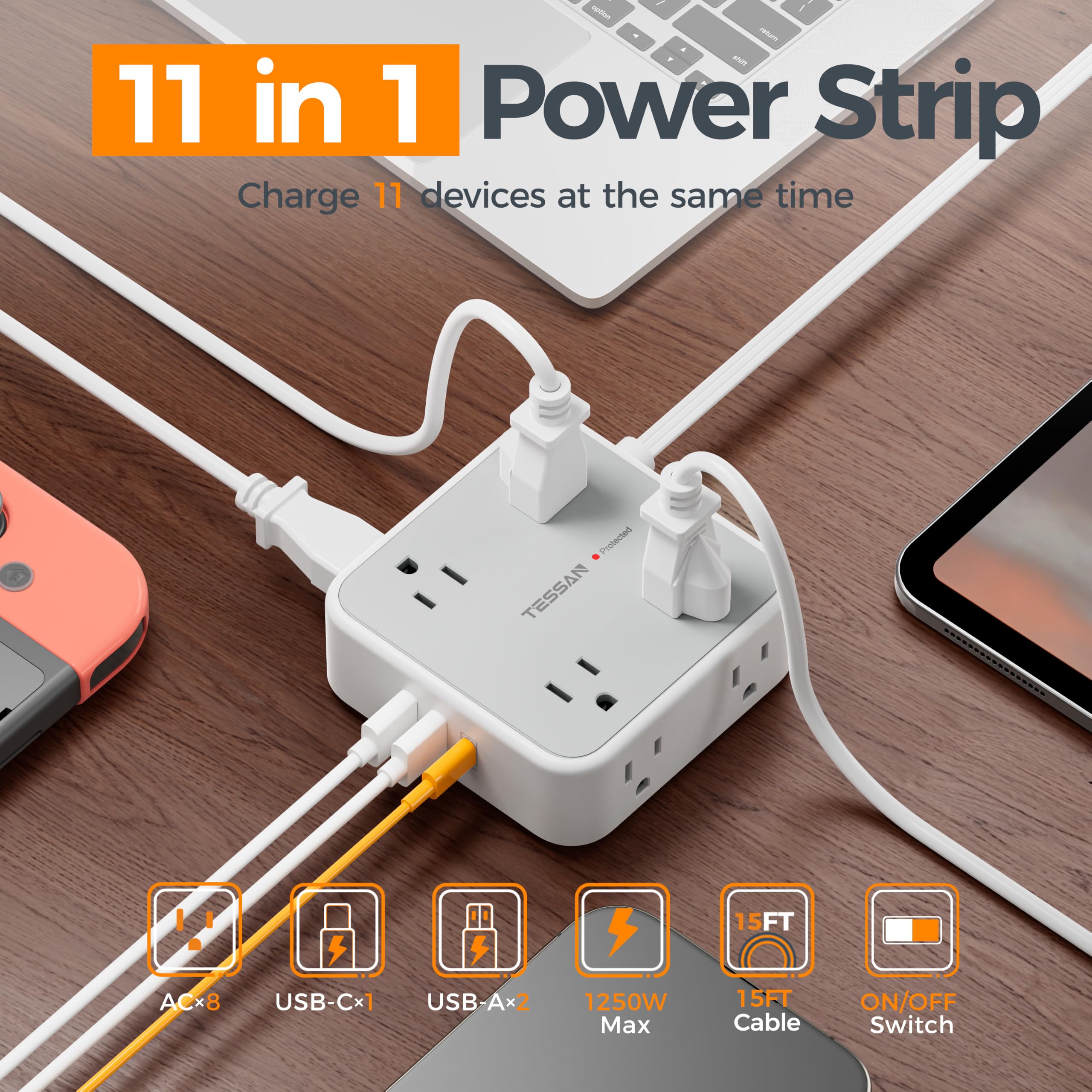 TESSAN cable de 15 pies enrollado destacando alcance y flexibilidad de ubicación