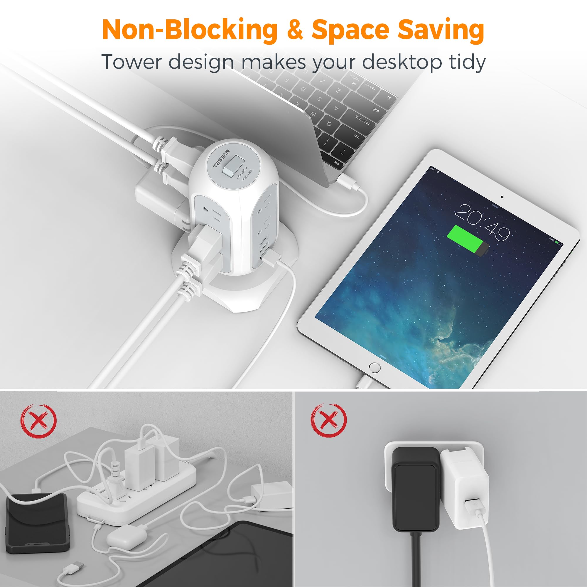 TESSAN primer plano de puertos USB-A y USB-C con carga eficiente