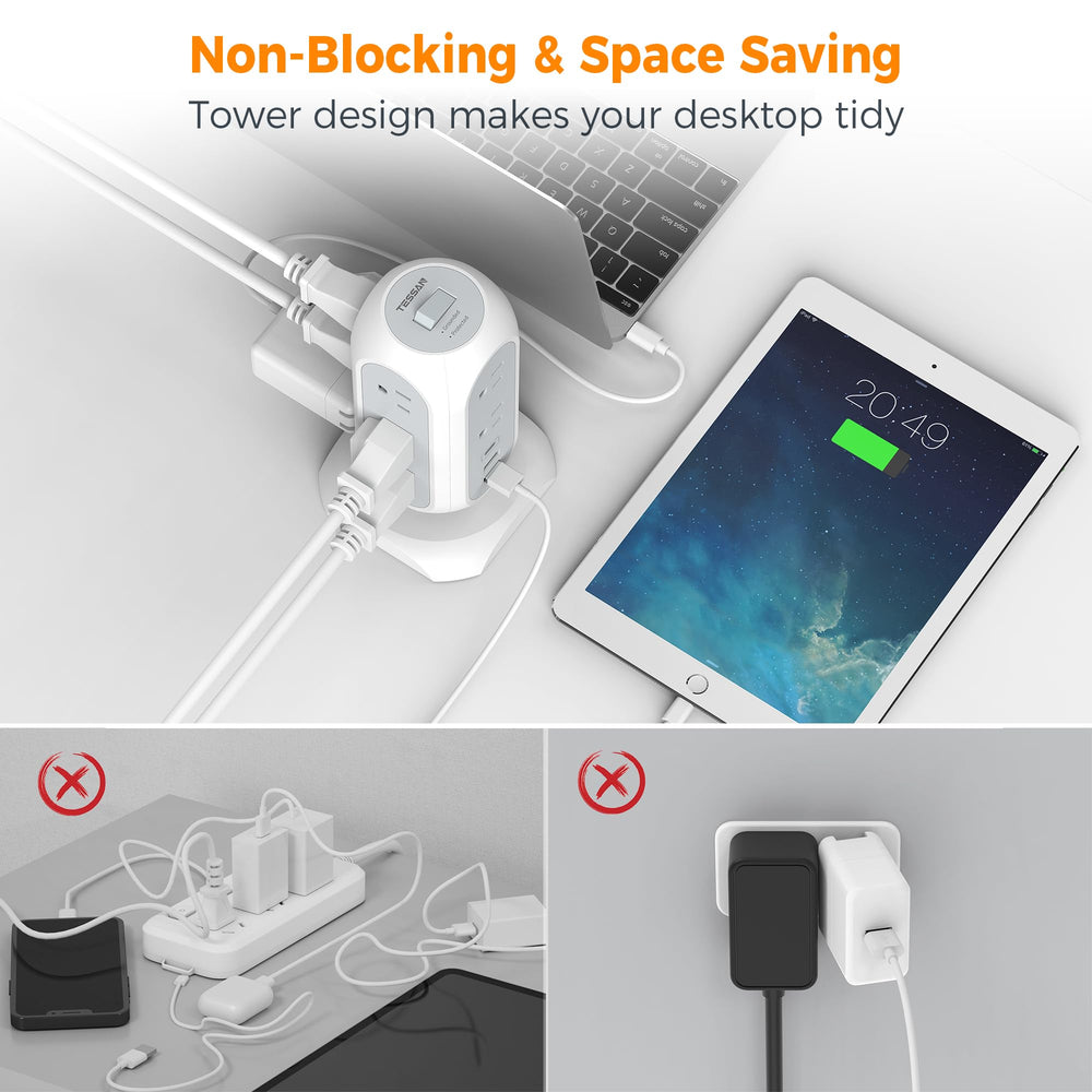 TESSAN primer plano de puertos USB-A y USB-C con carga eficiente