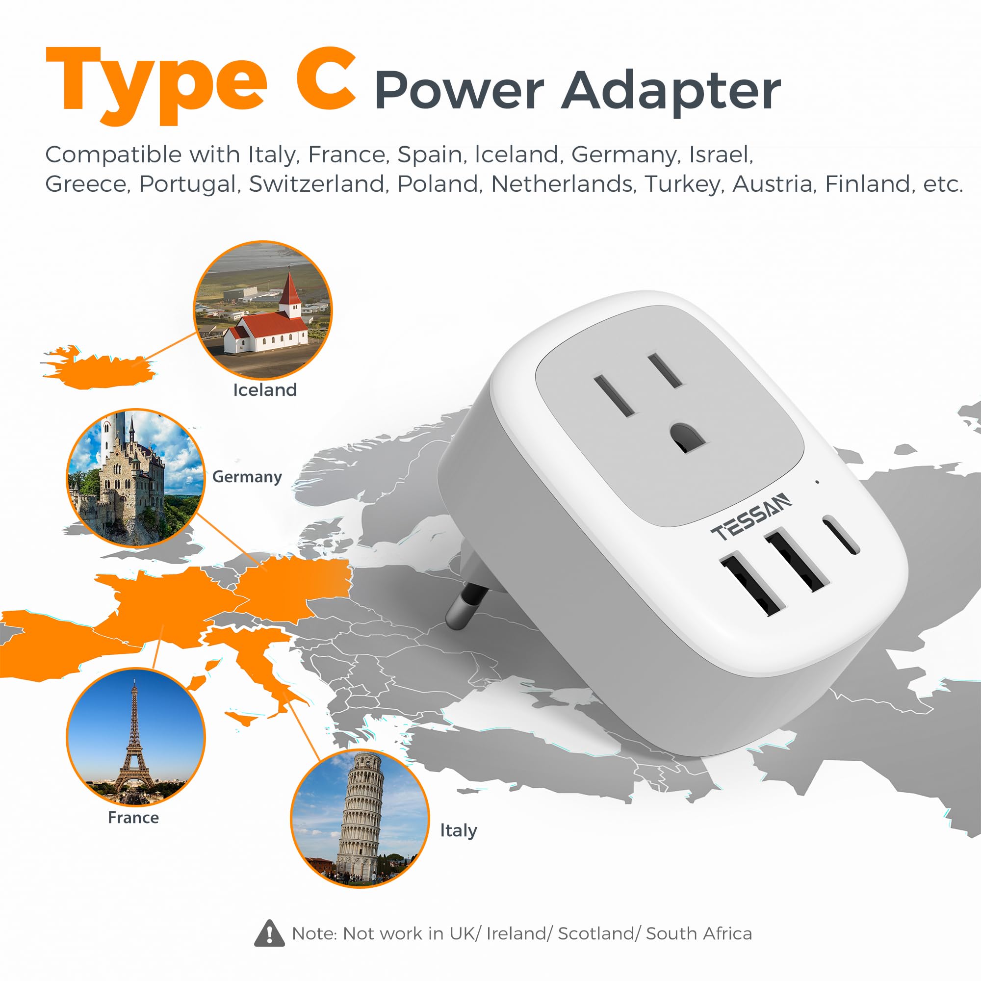 TESSAN detalle de puertos USB-A y USB-C para cargas rápidas y múltiples