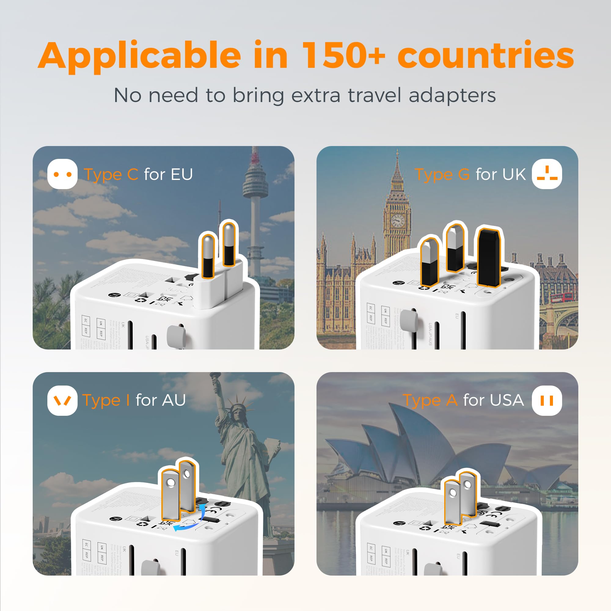 TESSAN primer plano de los 3 USB‑C y 2 USB‑A, carga rápida múltiple