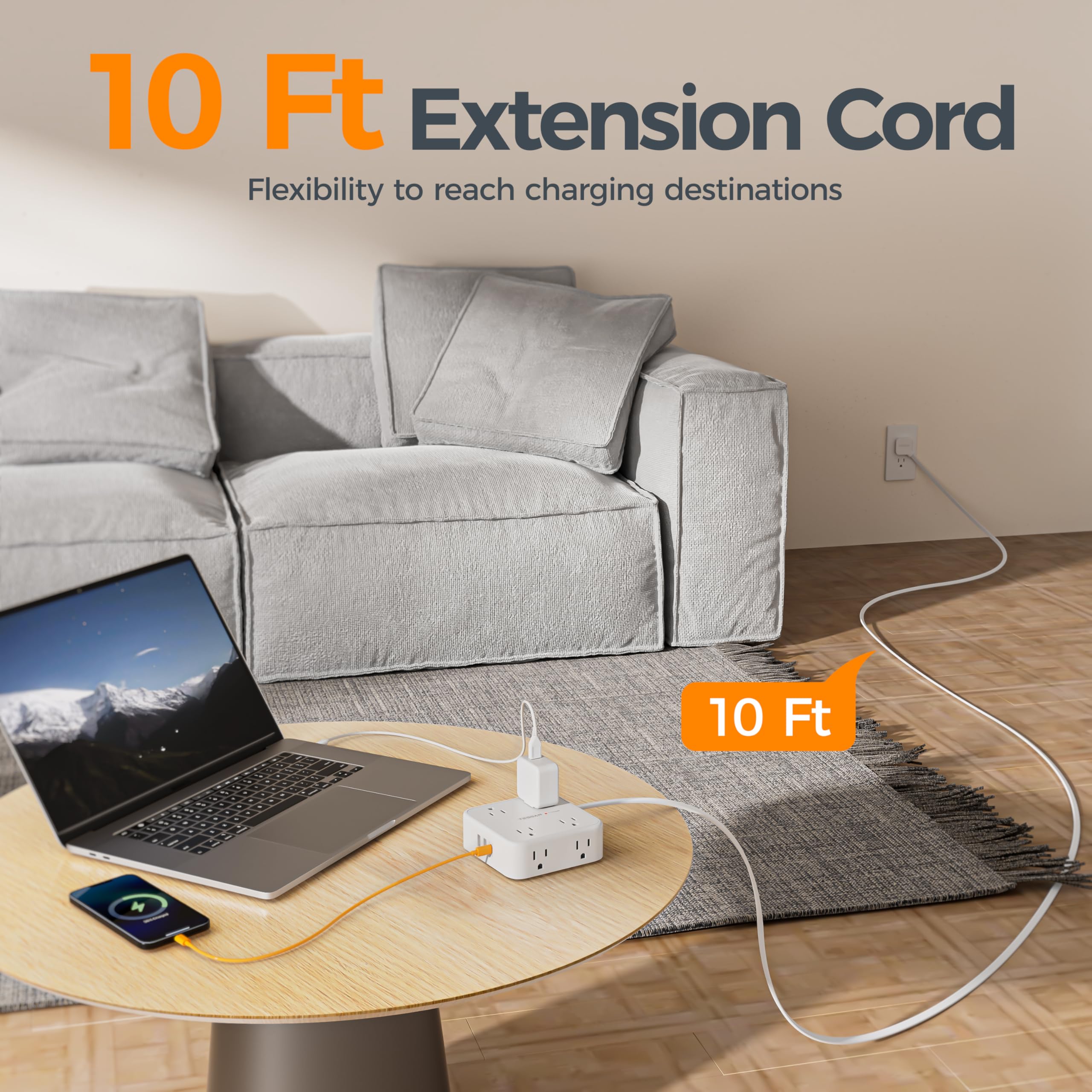TESSAN detalle de puertos USB‑C y USB‑A mostrando capacidades y orden