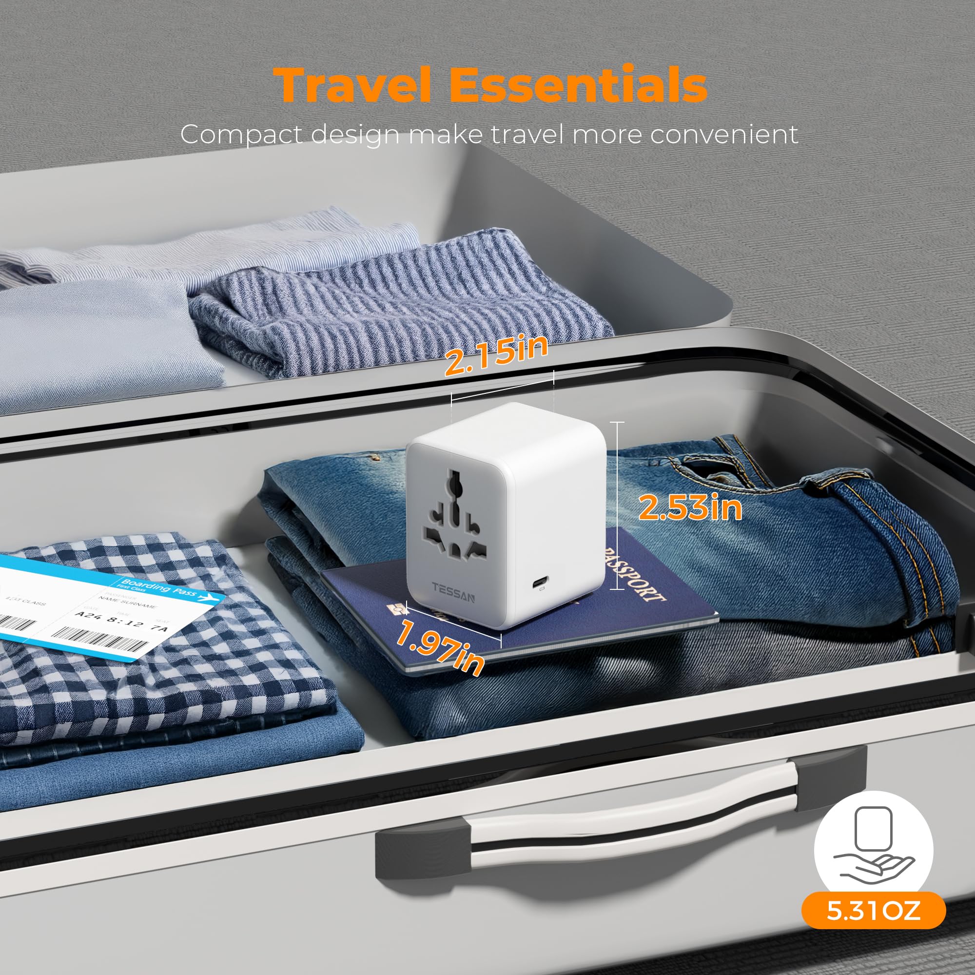 TESSAN adaptador guardado en maleta compacto y listo para viajar