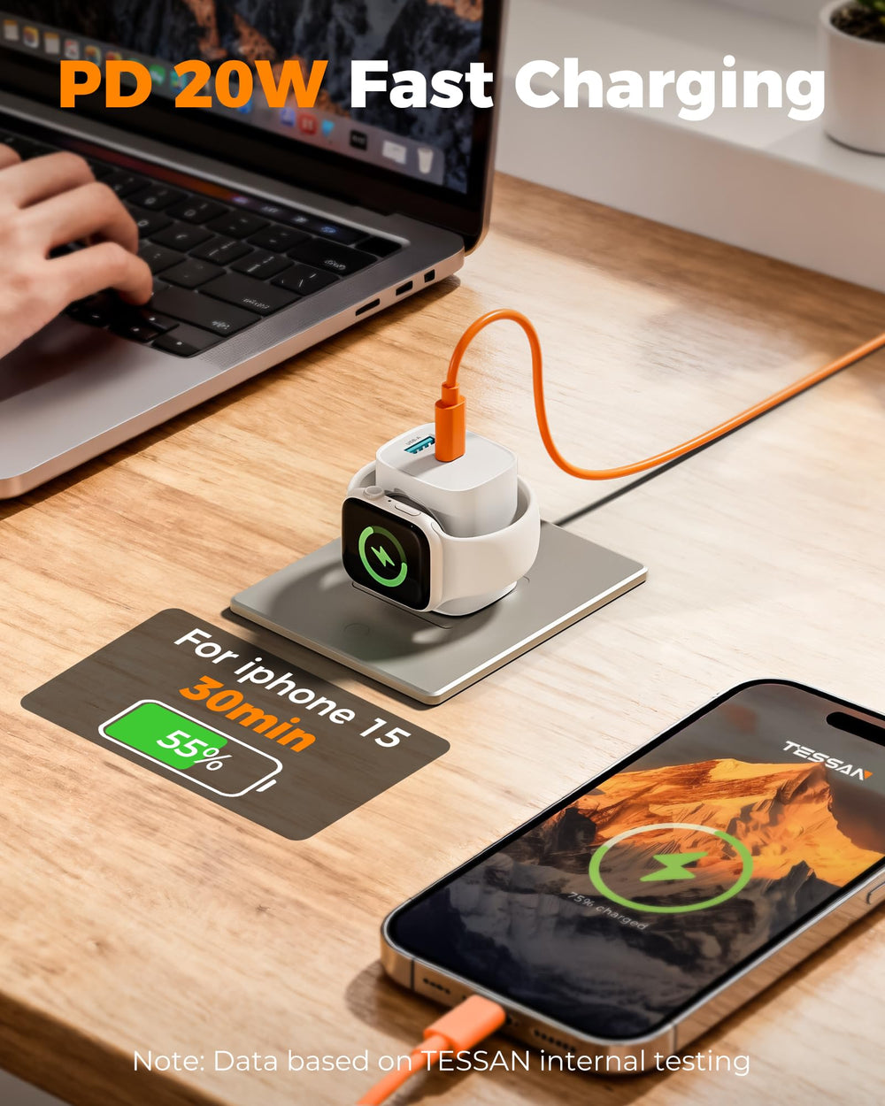 TESSAN en uso con iPhone y Apple Watch simultáneamente para carga ordenada en escritorio