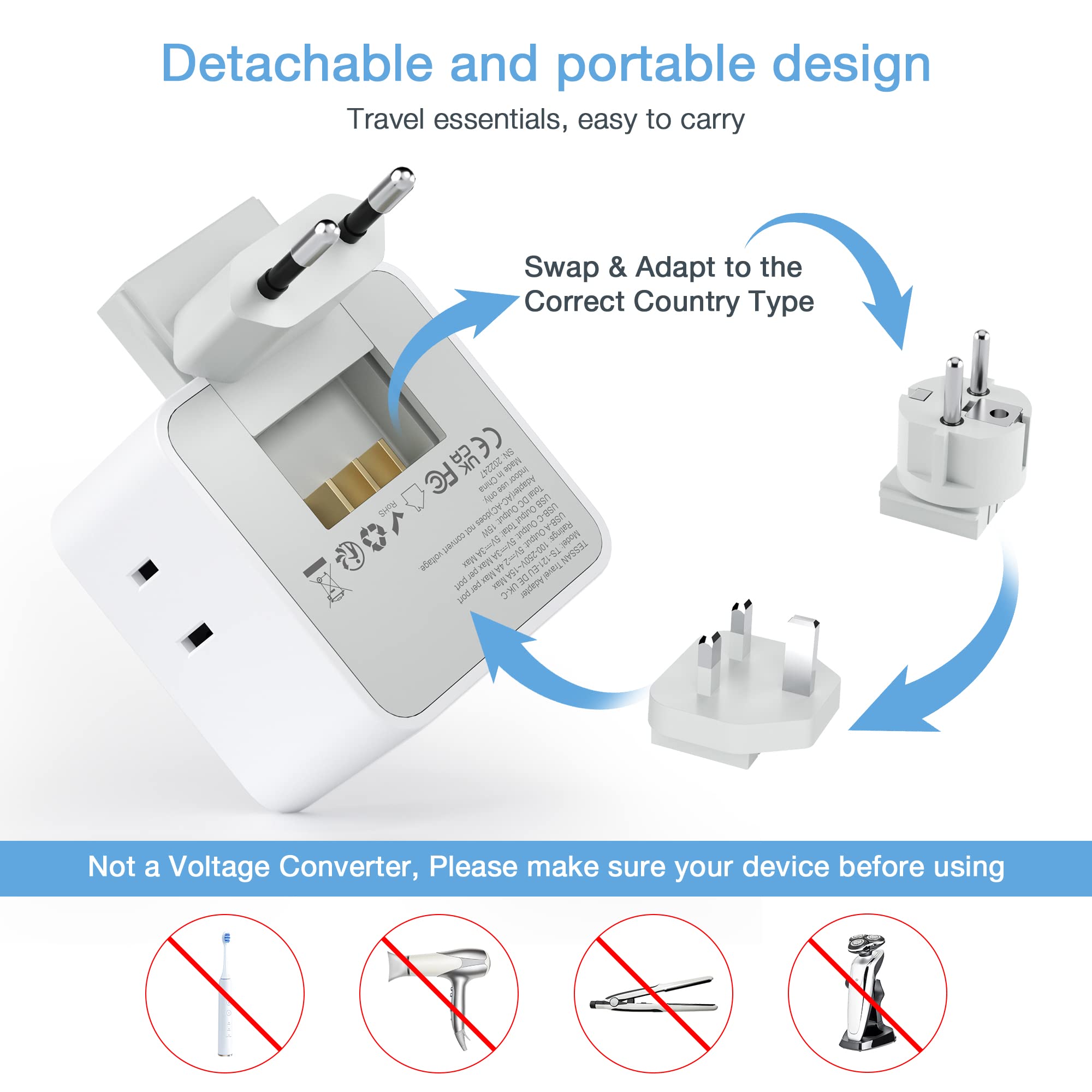 TESSAN adaptador conectado en habitación de hotel cargando varios dispositivos simultáneamente