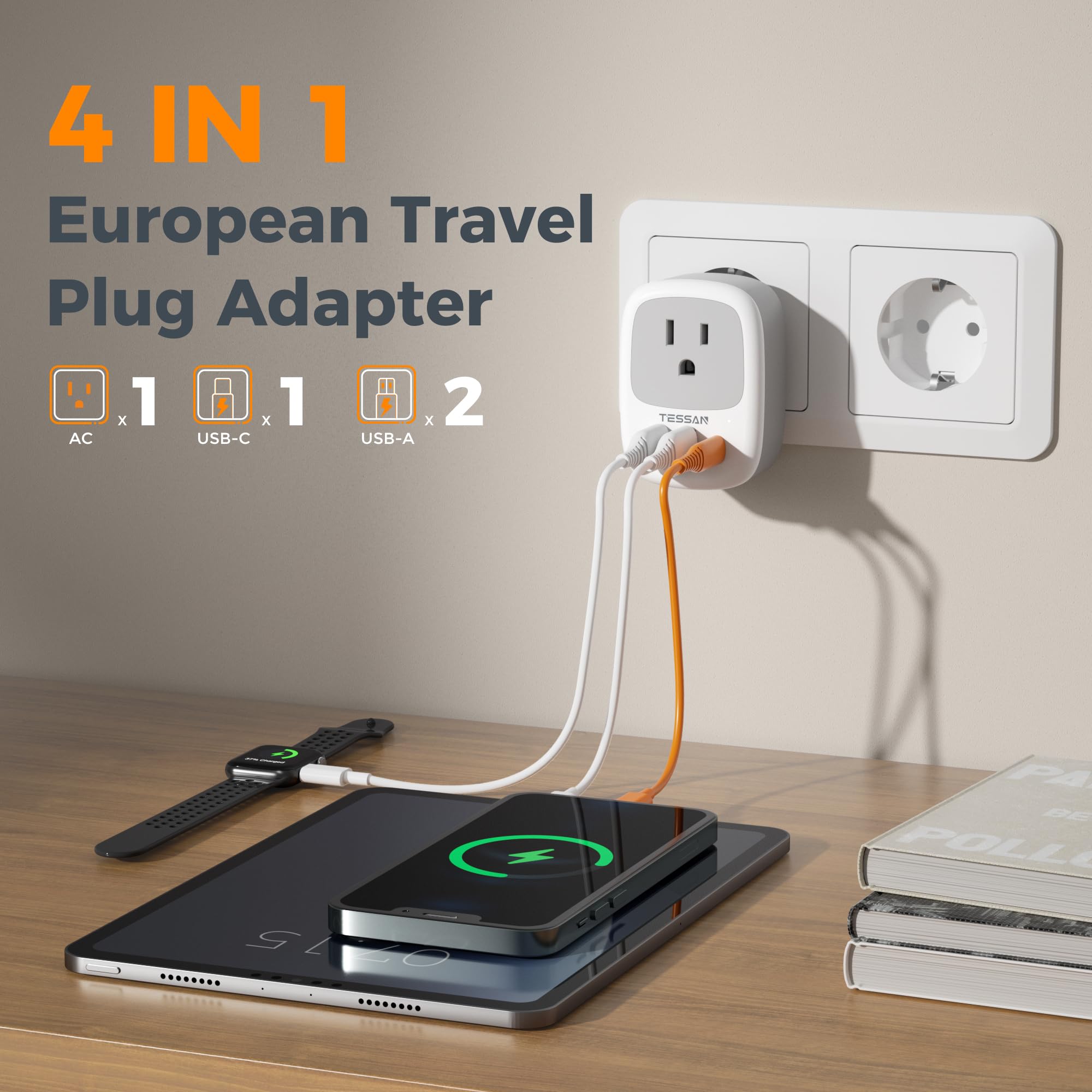 TESSAN adaptador en uso en habitación de hotel cargando móvil y cámara