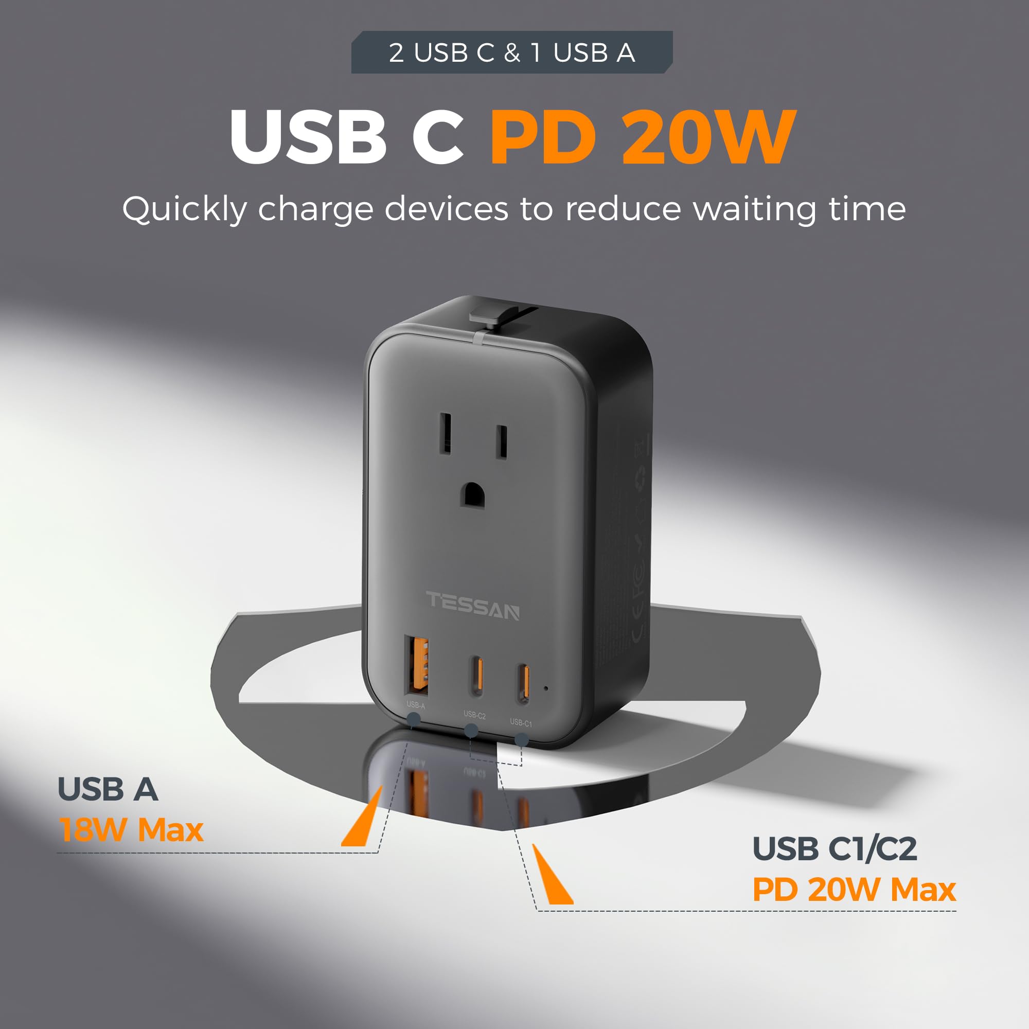 TESSAN adaptador en uso en habitación de hotel, carga varios dispositivos