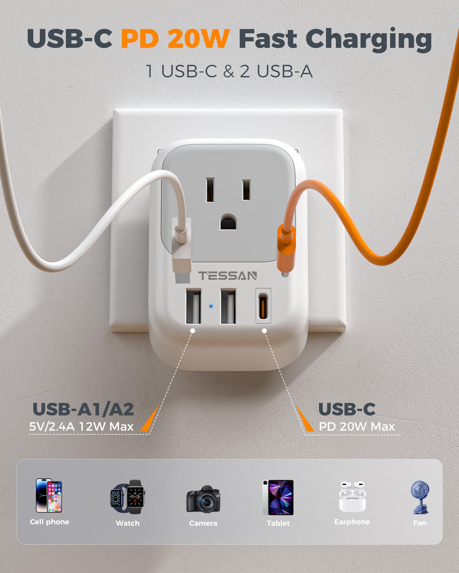TESSAN adaptador en habitación de hotel cargando teléfono y tablet, ahorro de espacio