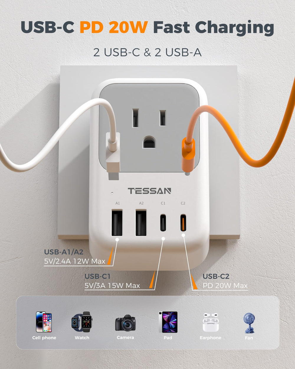 TESSAN adaptador en uso sobre mesita de hotel, carga varios dispositivos