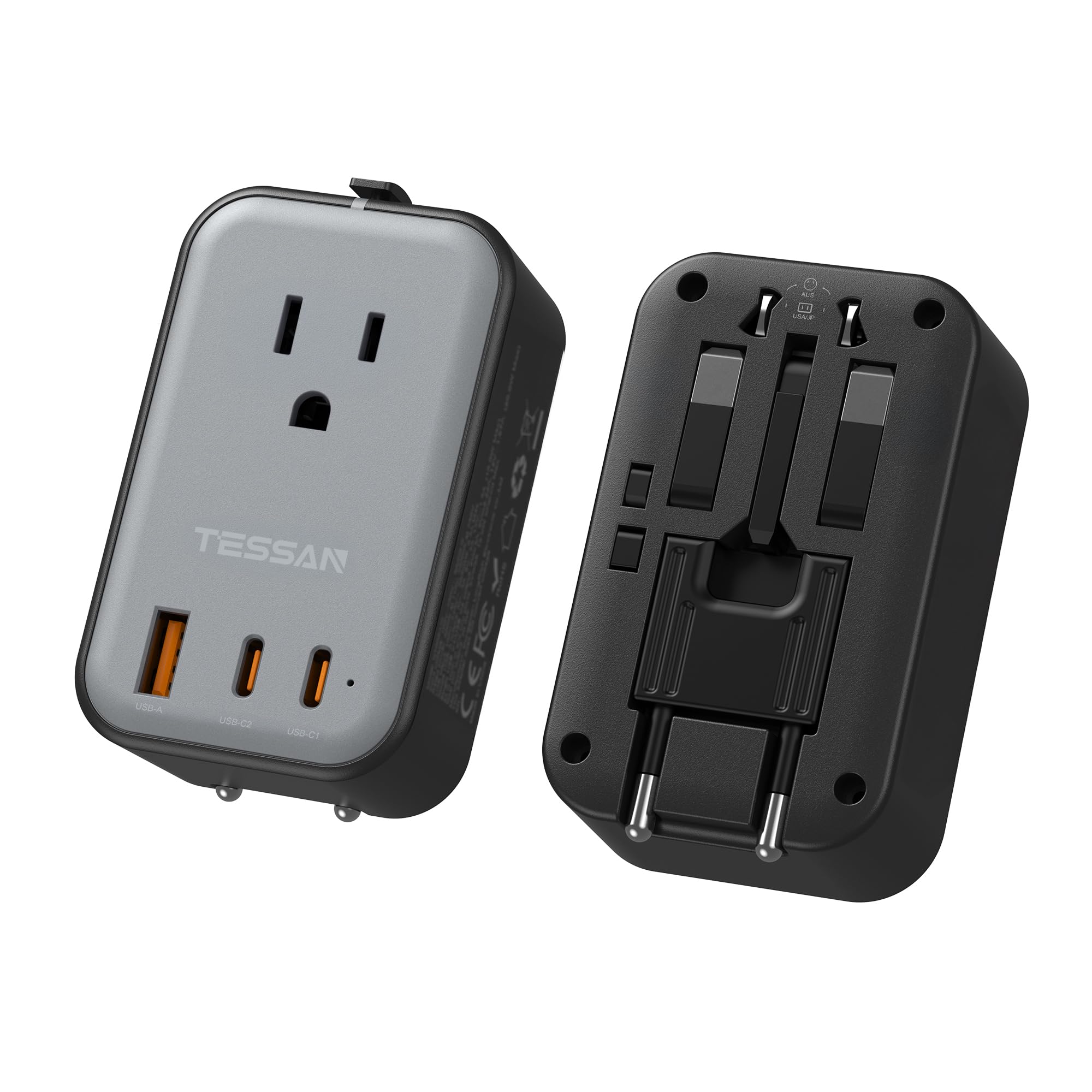 TESSAN adaptador frontal mostrando puertos y beneficios de carga rápida