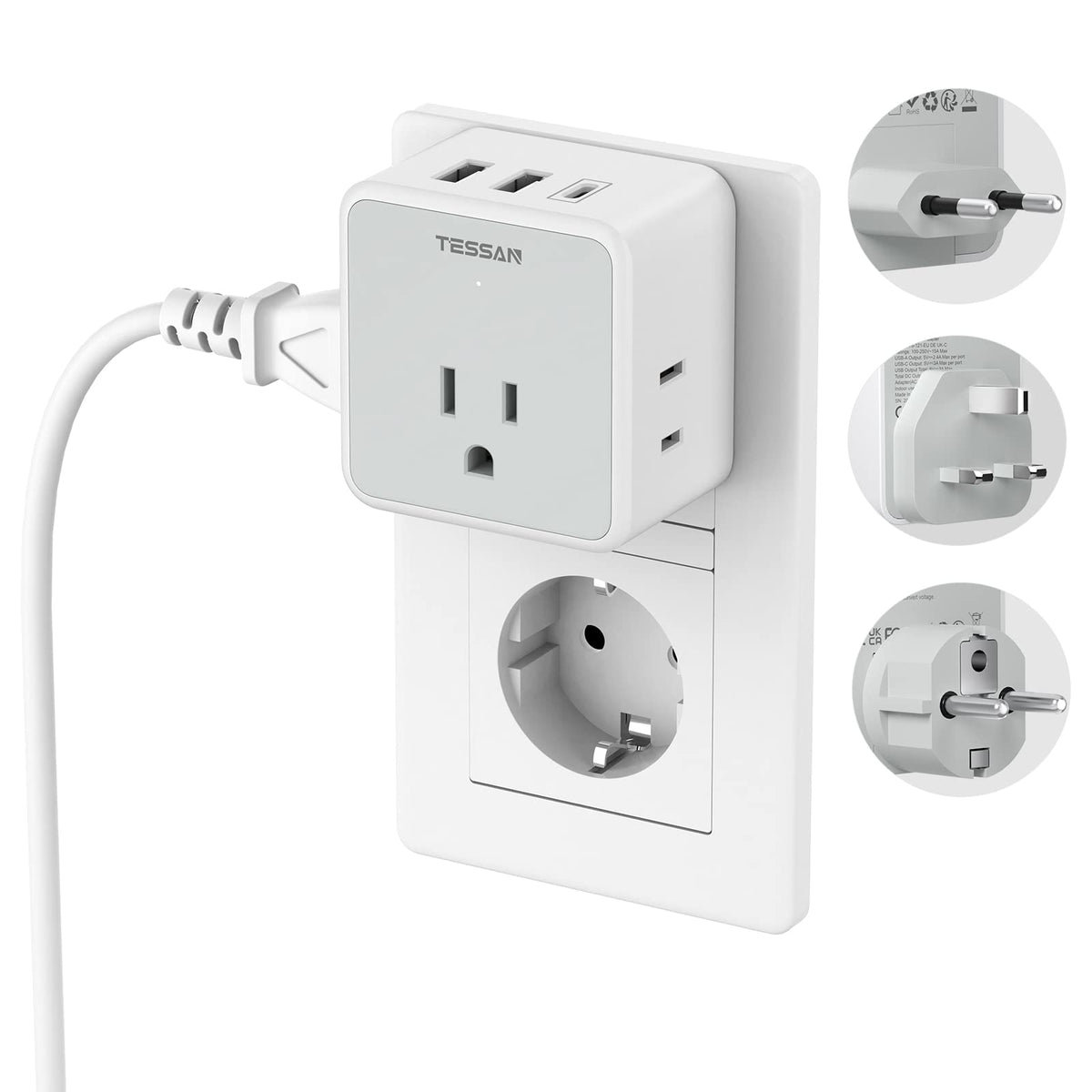 TESSAN vista frontal del kit de adaptador de viaje con puertos USB y tomas AC