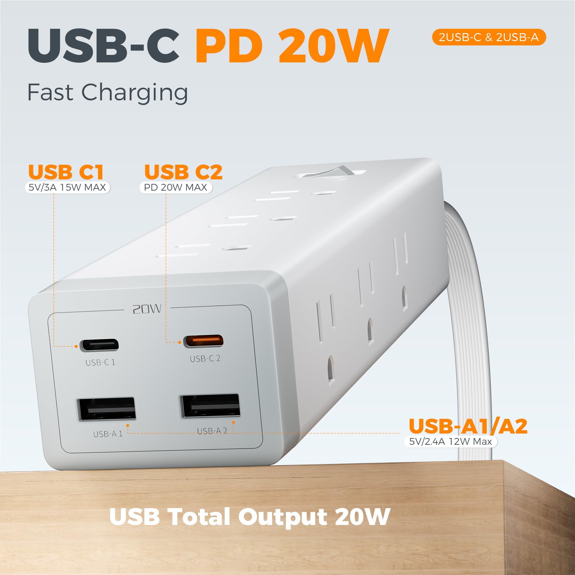 TESSAN primer plano de puertos USB-C y USB-A que permite carga rápida de móviles y tabletas