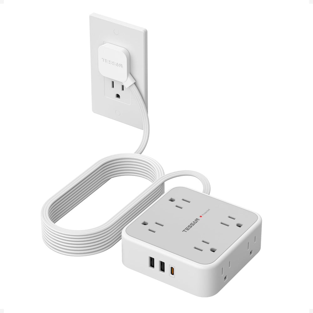 TESSAN regleta frontal gris mostrando ocho enchufes y tres puertos USB, organización eficiente