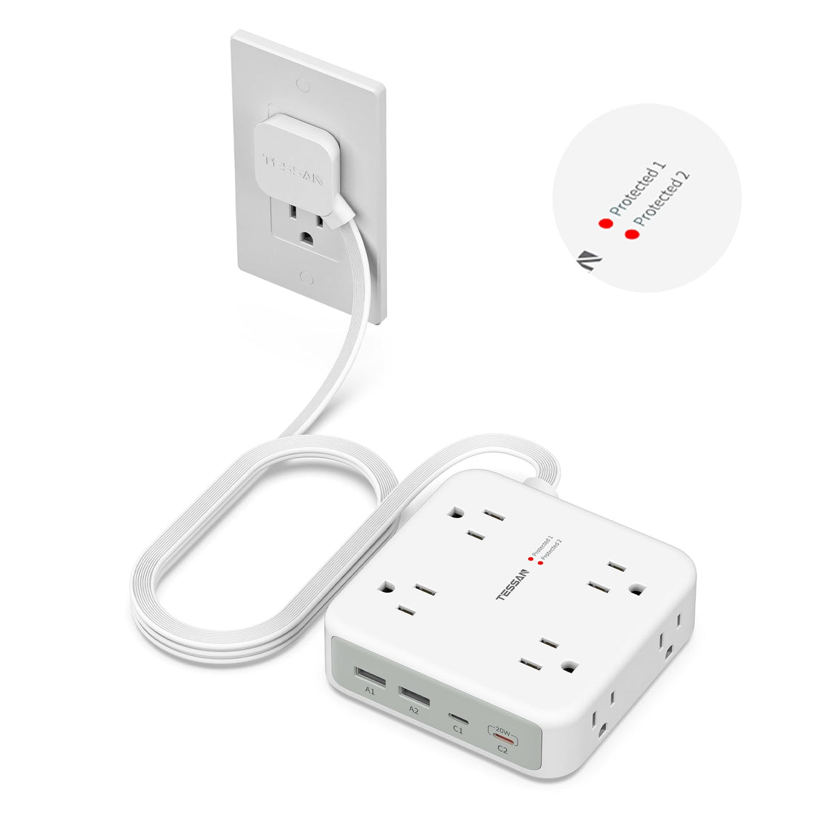 TESSAN regleta frontal mostrando 8 enchufes y 4 puertos USB, organiza dispositivos