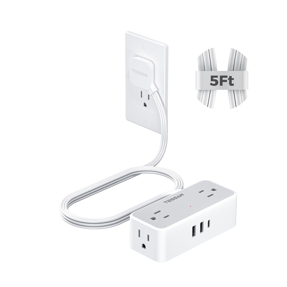 TESSAN regleta vista frontal con cuatro tomas AC y puertos USB para organización