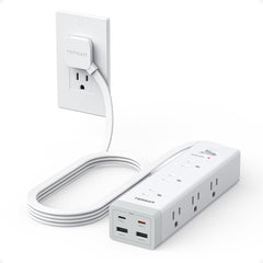 TESSAN regleta vista frontal mostrando nueve enchufes y cuatro puertos USB para organización eficiente