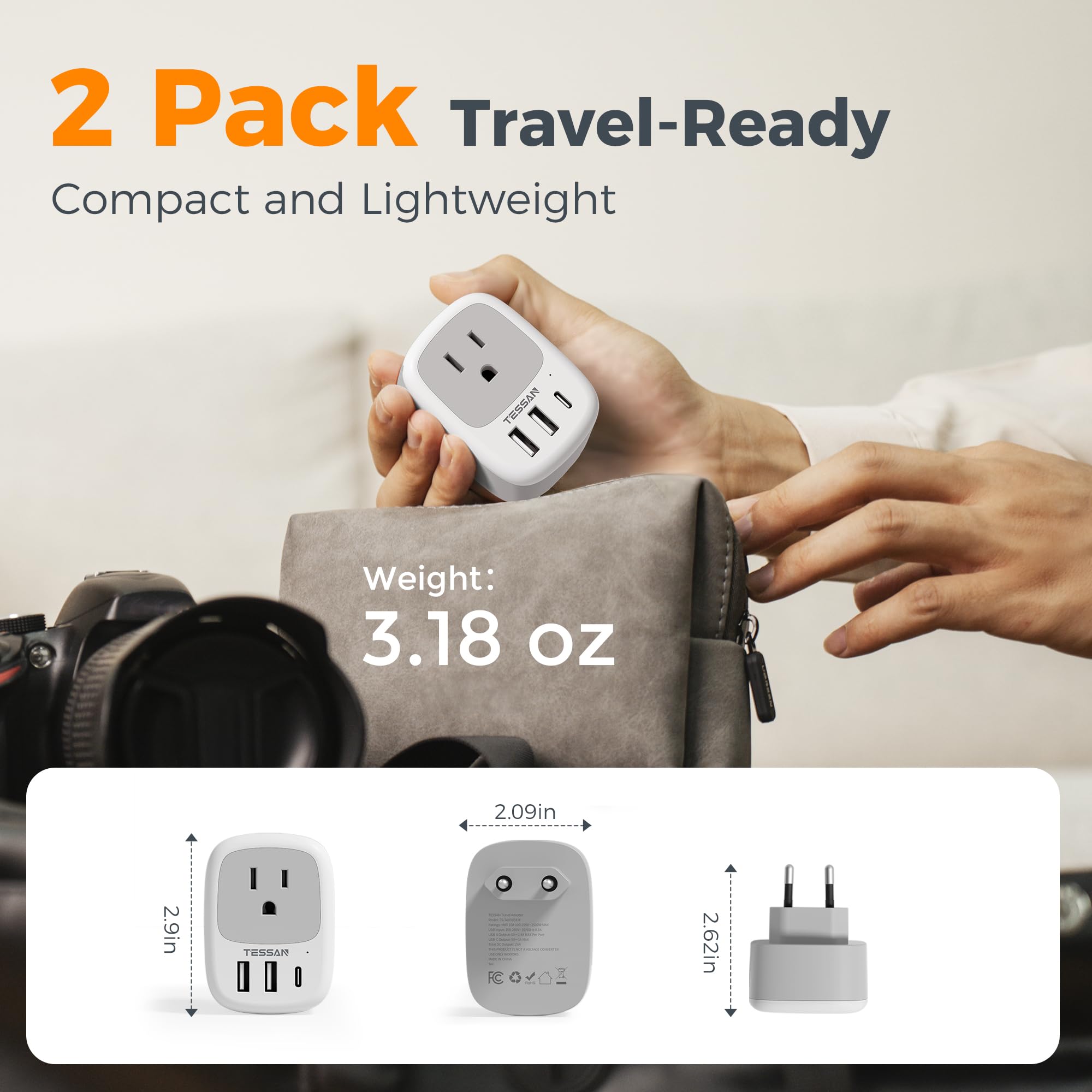 TESSAN pack de dos adaptadores dentro de una maleta, ideal para viajes