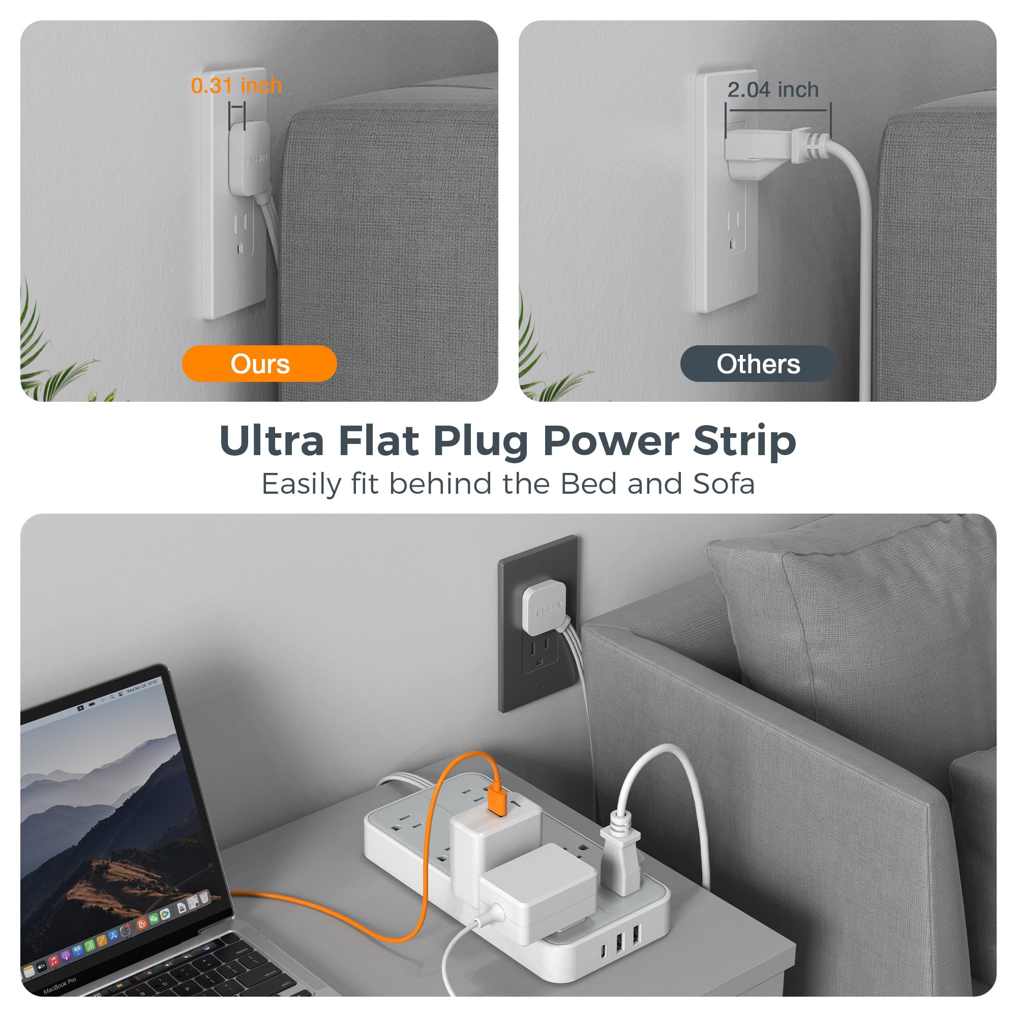 TESSAN USB ports closeup highlighting USB-C and USB-A fast-charging convenience