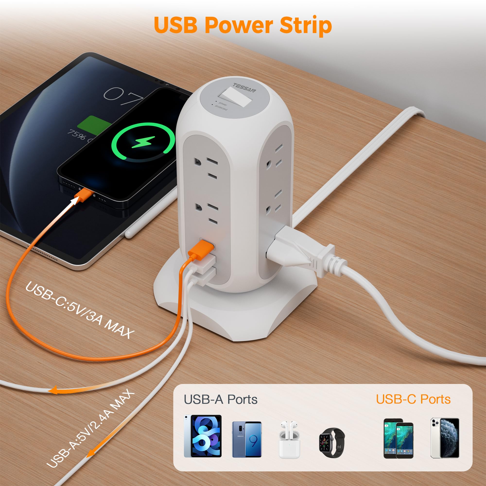 TESSAN en uso sobre escritorio gestionando varios cables y dispositivos