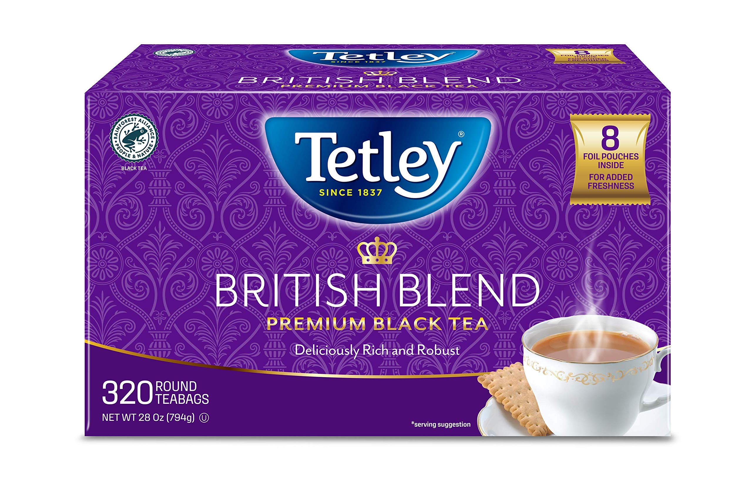 Tetley paquete frente mostrando la caja y marca Tetley, conveniencia a granel