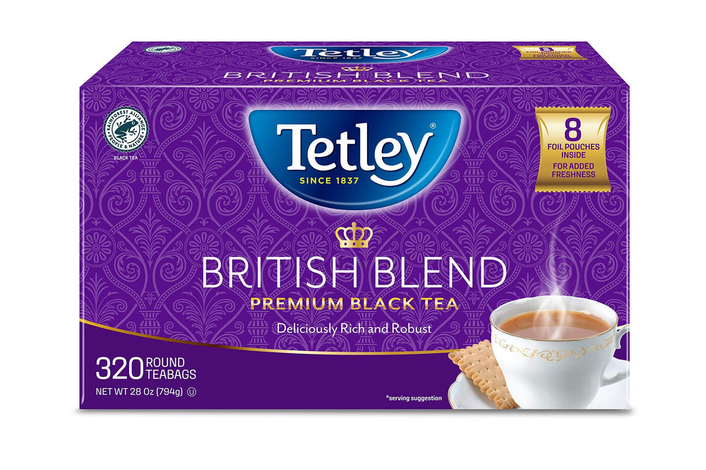 Tetley paquete frente mostrando la caja y marca Tetley, conveniencia a granel