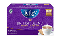 Tetley paquete frente mostrando la caja y marca Tetley, conveniencia a granel
