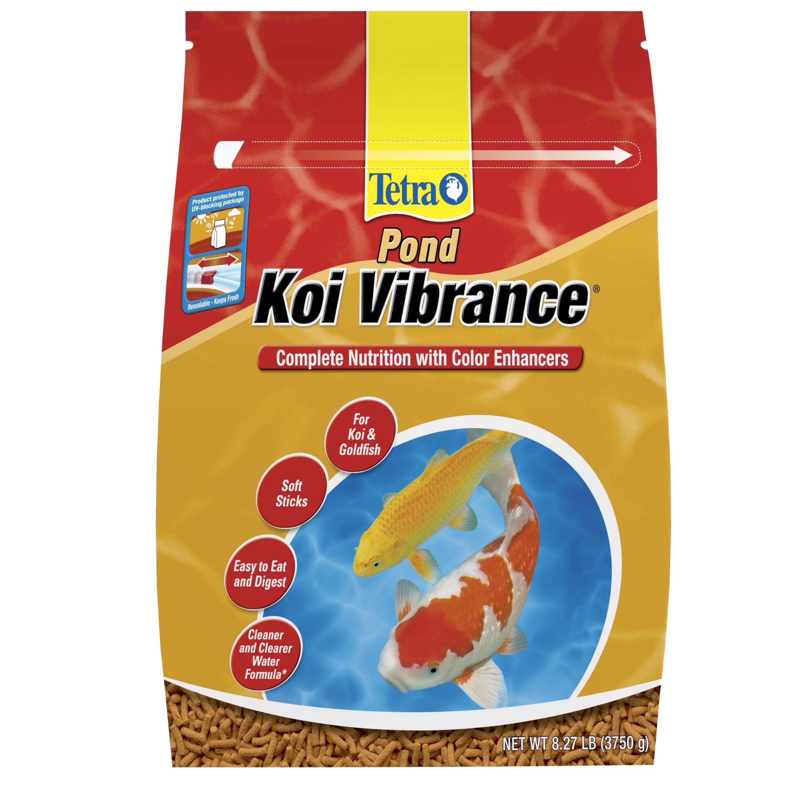 Tetra paquete frontal mostrando alimento Vibrance y beneficios de color