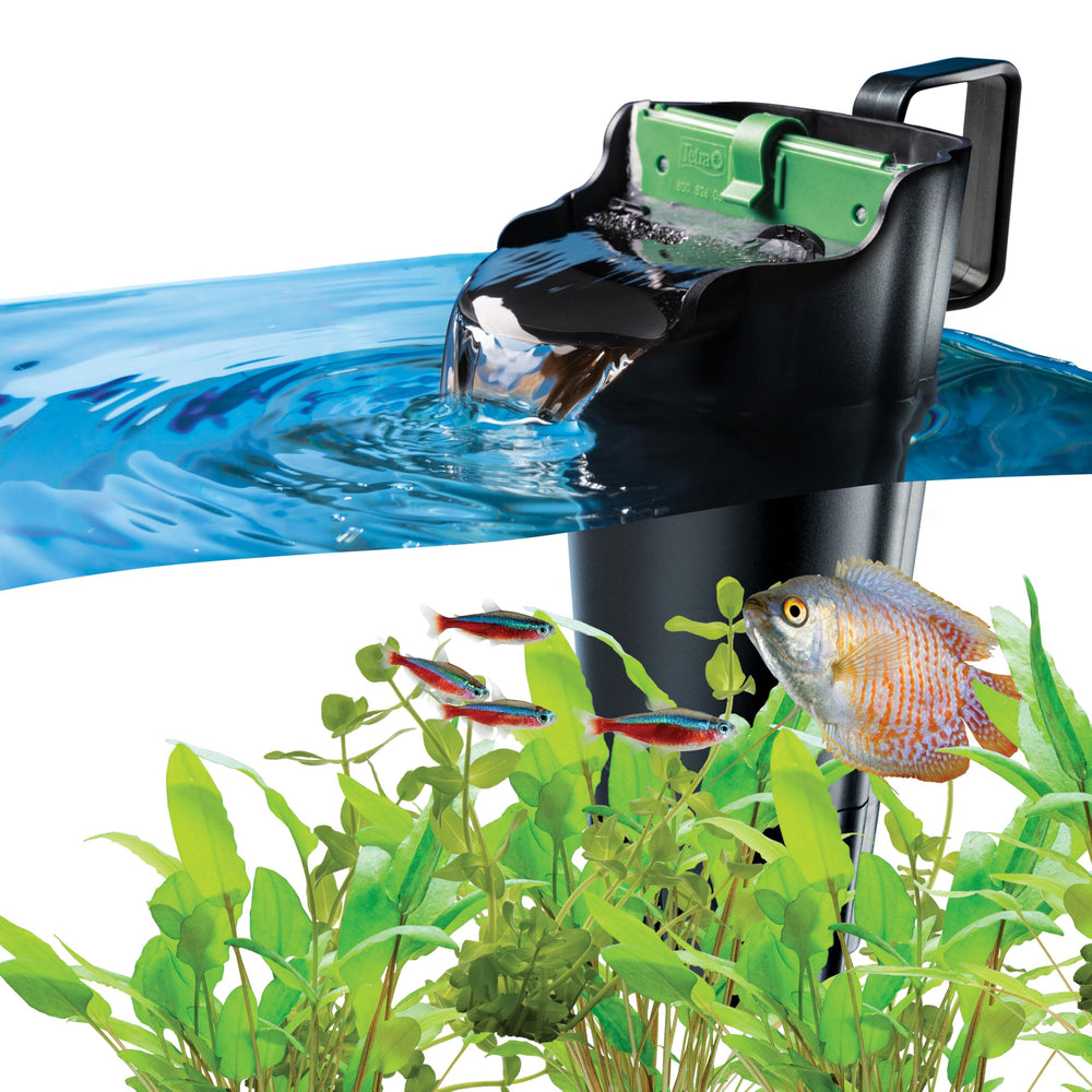 Tetra Whisper clip ajustable sujetando el filtro a distintas alturas de agua