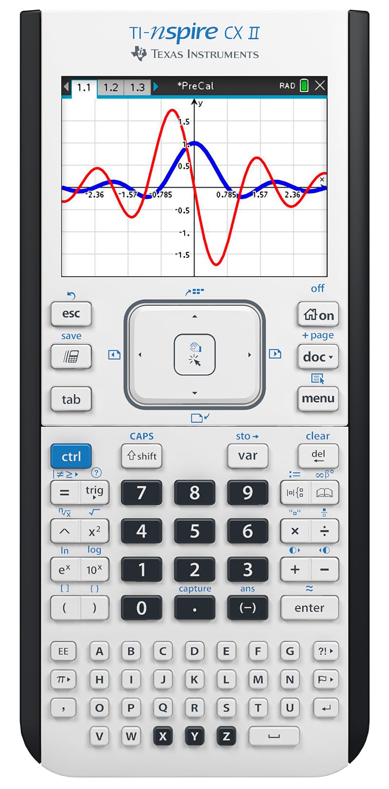 Texas Instruments vista frontal de la TI-Nspire CX II mostrando diseño y portabilidad