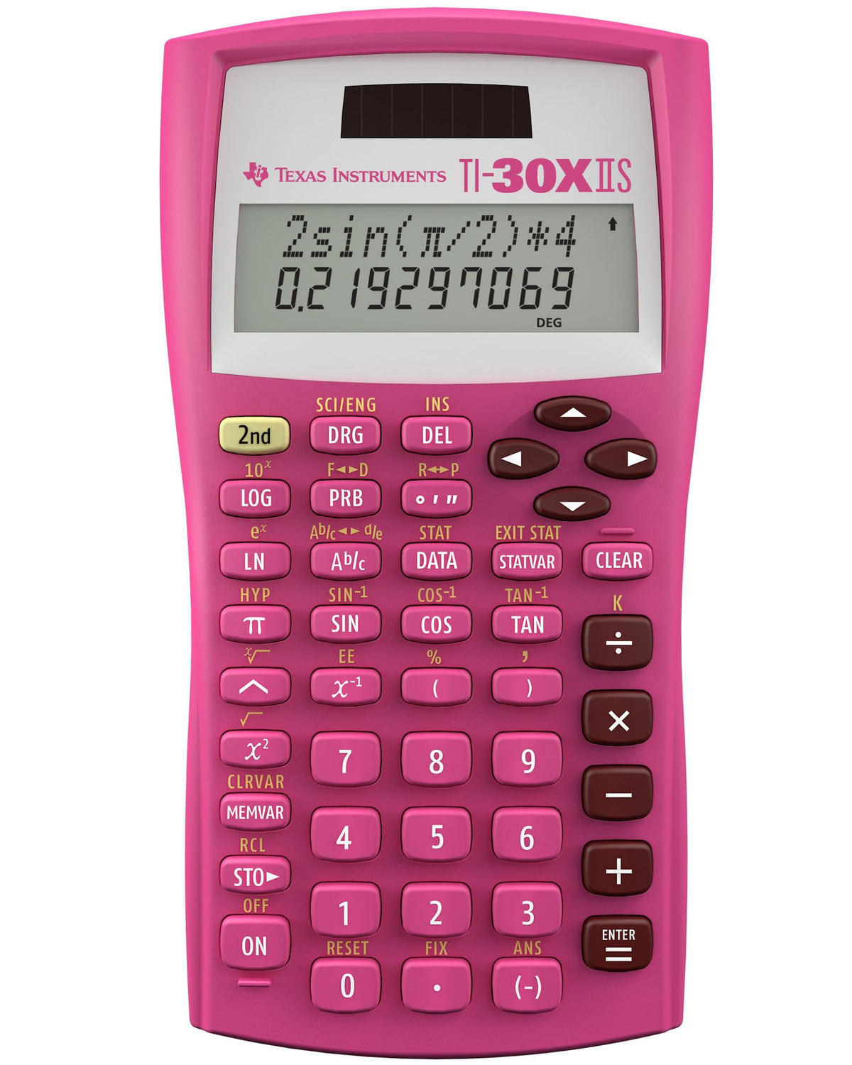 Texas Instruments calculadora rosa frontal mostrando diseño y portabilidad