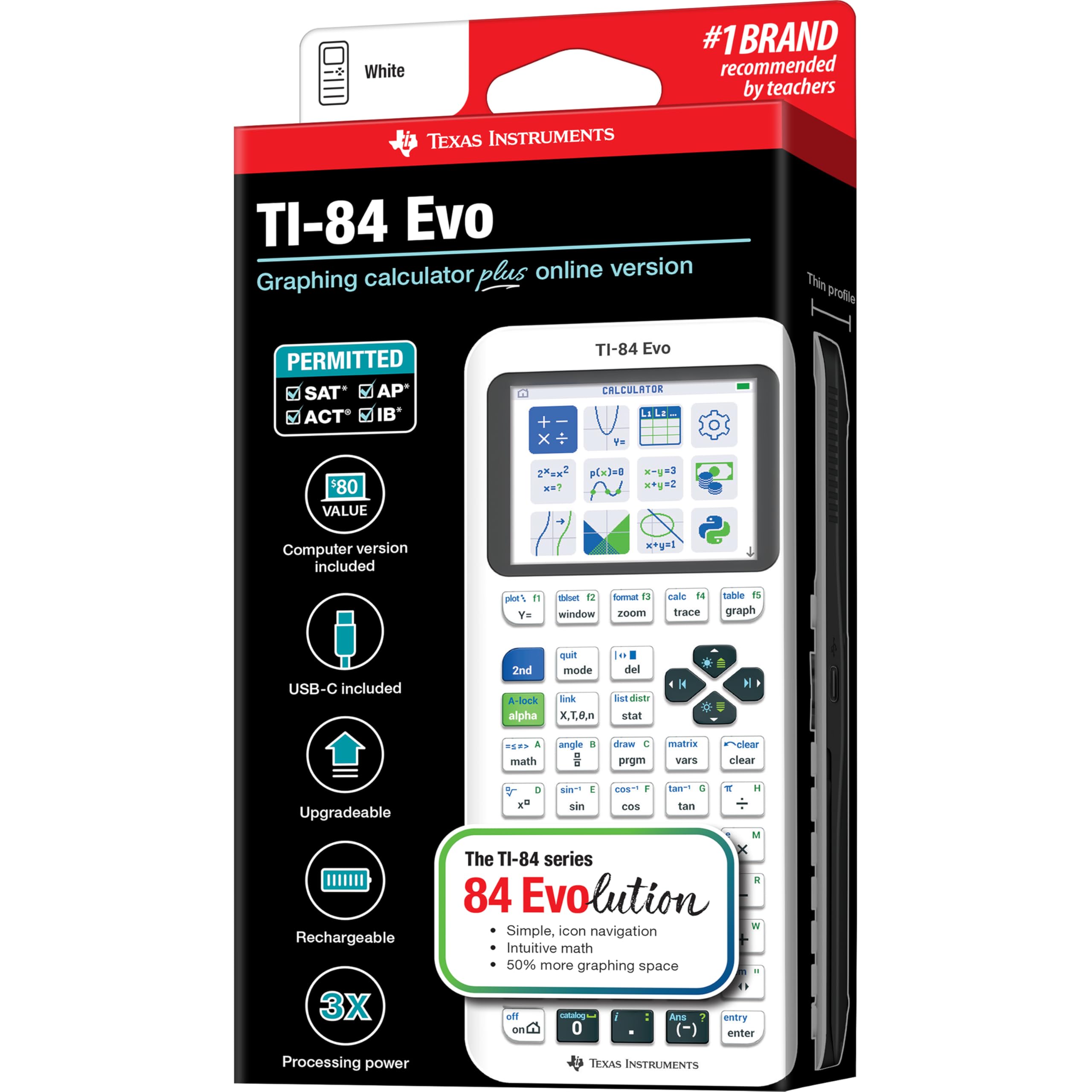 Texas Instruments TI-84 Evo puerto USB-C para carga rápida y transferencia de datos