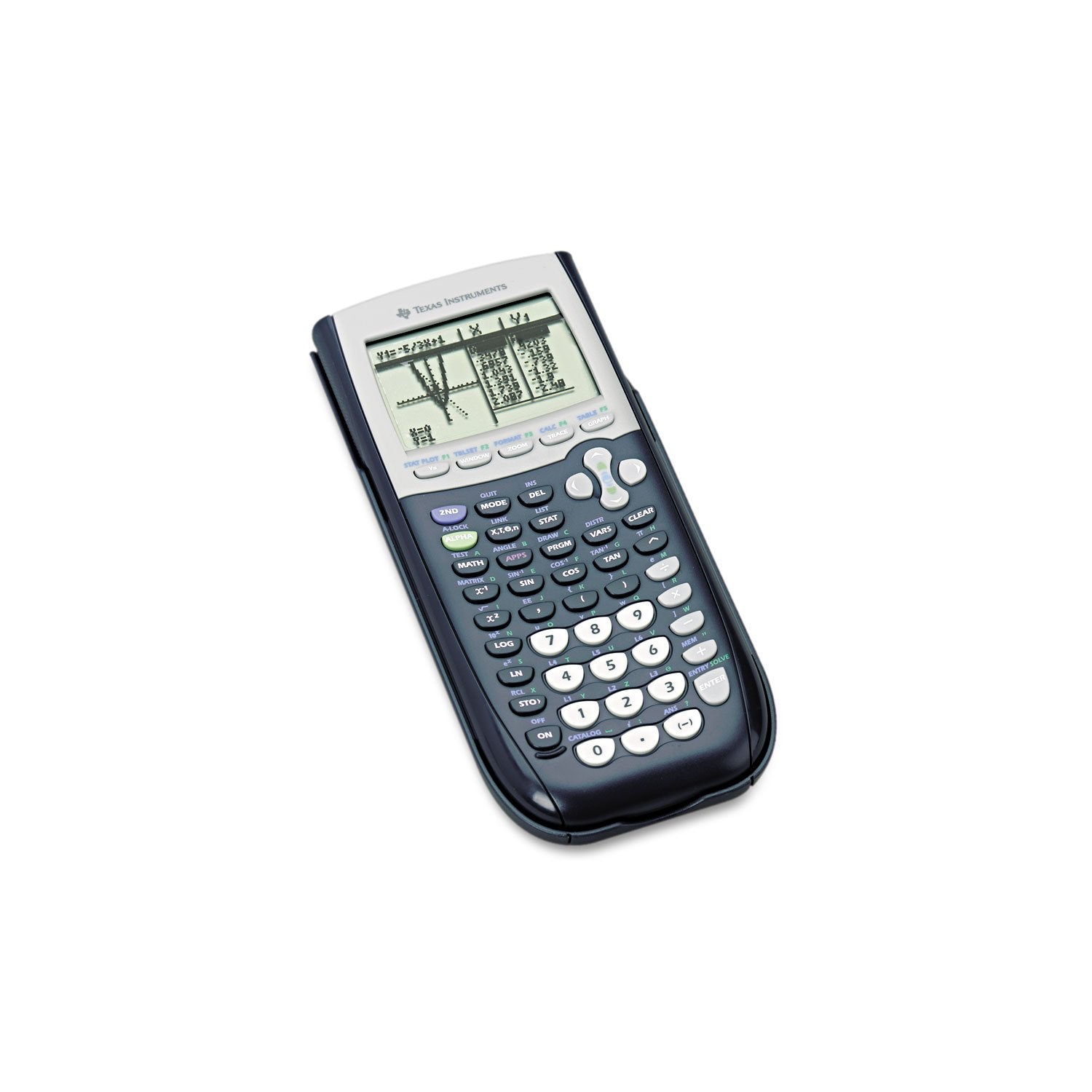 Texas Instruments TI-84 Plus en uso sobre escritorio con cable USB y manual, ideal para estudio