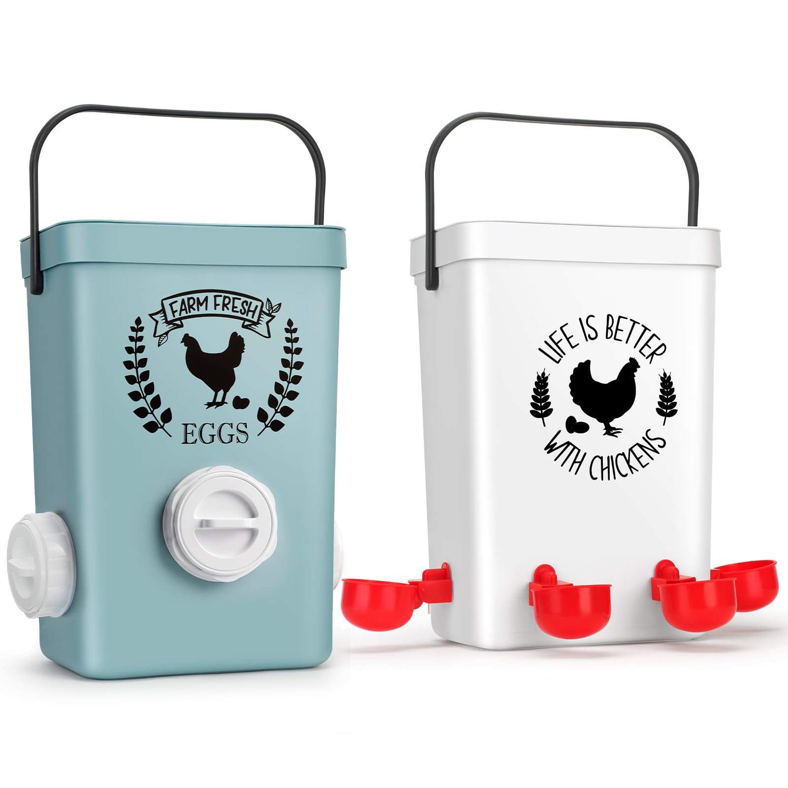 Tgeyd front view of feeder and waterer set showing tidy design and style