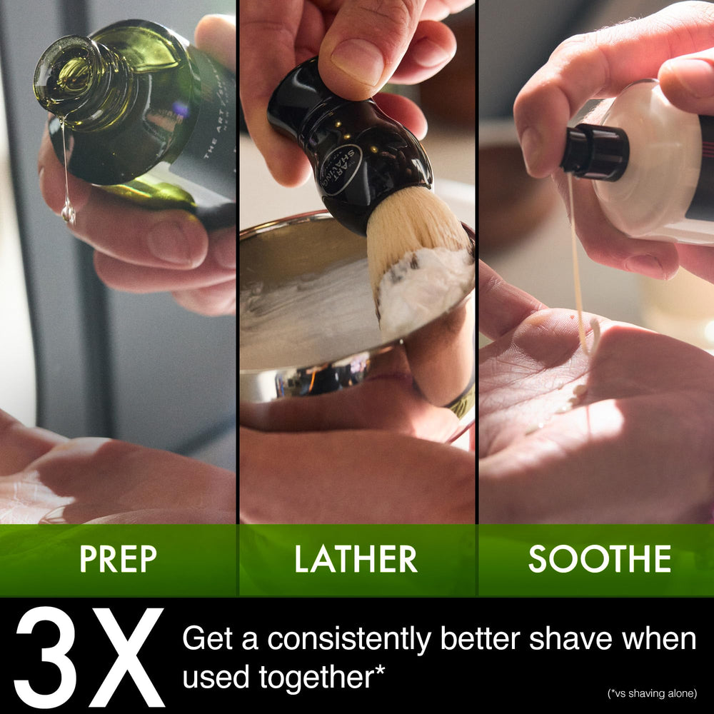 The Art of Shaving envase 5 oz sostenido en mano para mostrar escala y portabilidad