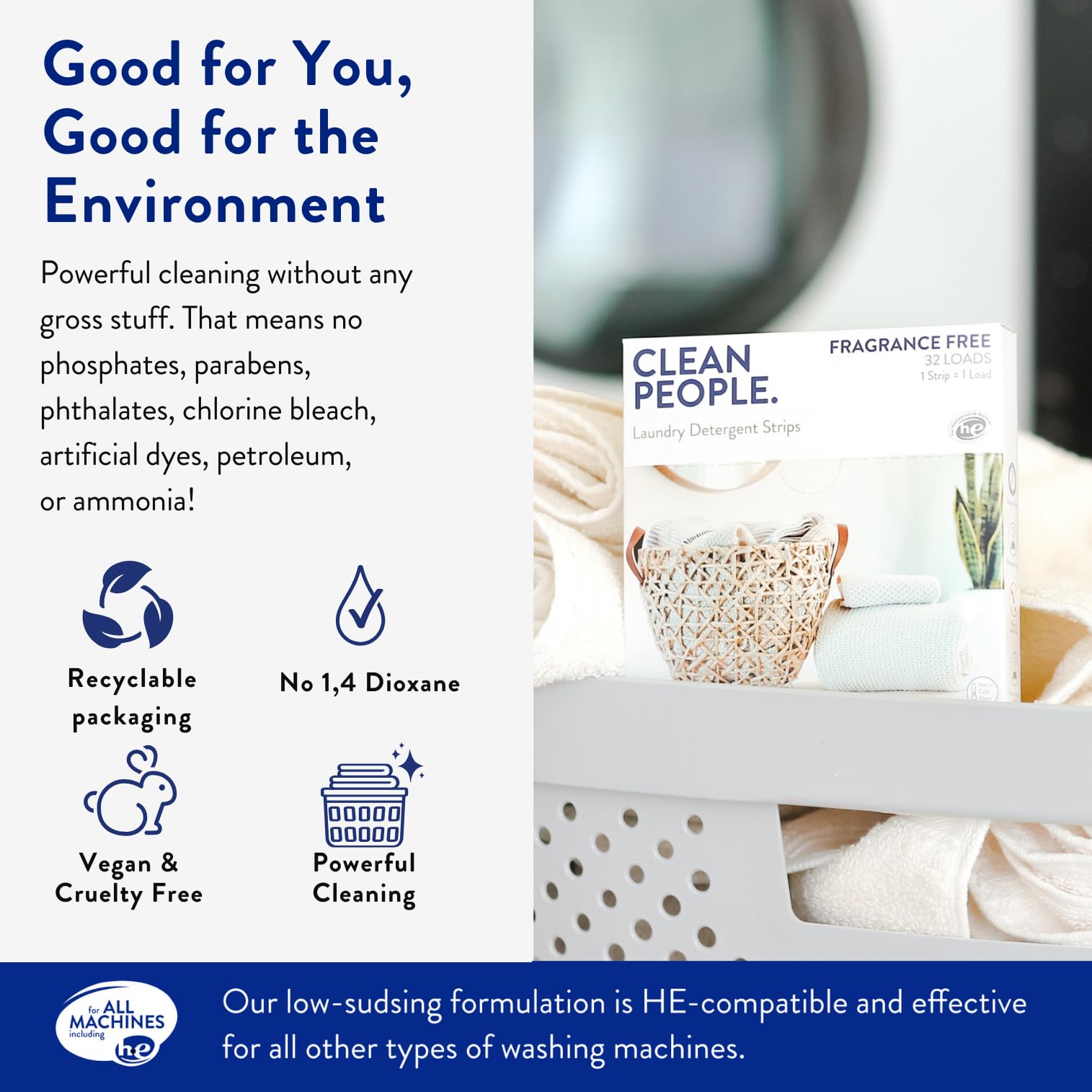 The Clean People hoja dentro de una lavadora ilustrando compatibilidad HE y limpieza