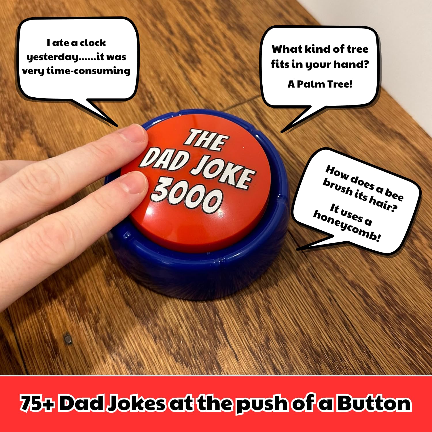 The Dad Joke 3000 primer plano del botón para activar chistes con facilidad