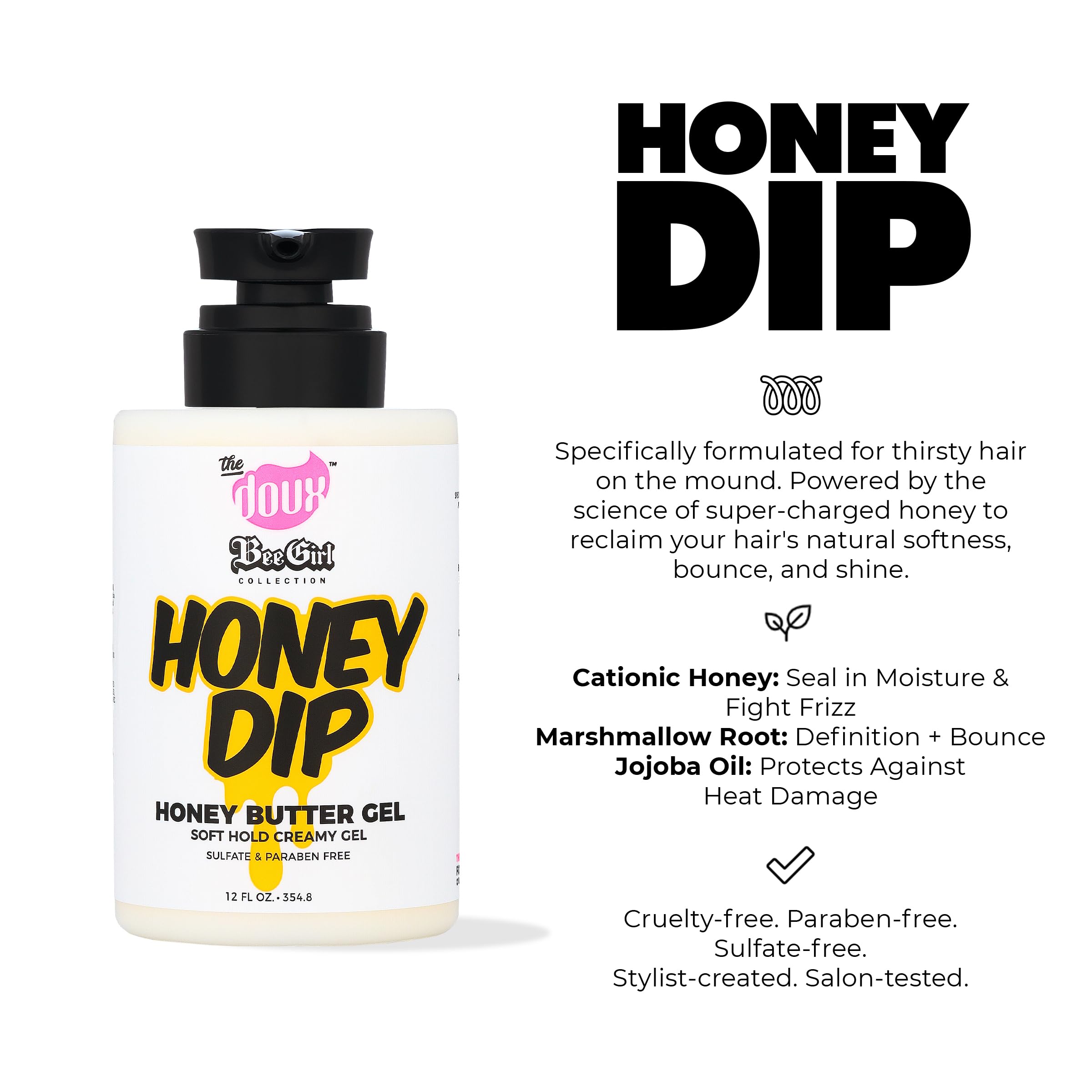 The Doux gel Honey Dip aplicado con la mano en rizos, beneficio fácil distribución