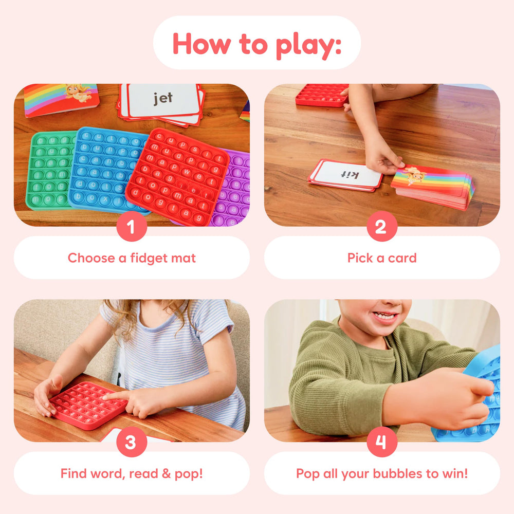 The Fidget Game tarjetas CVC desplegadas para práctica de lectura rápida