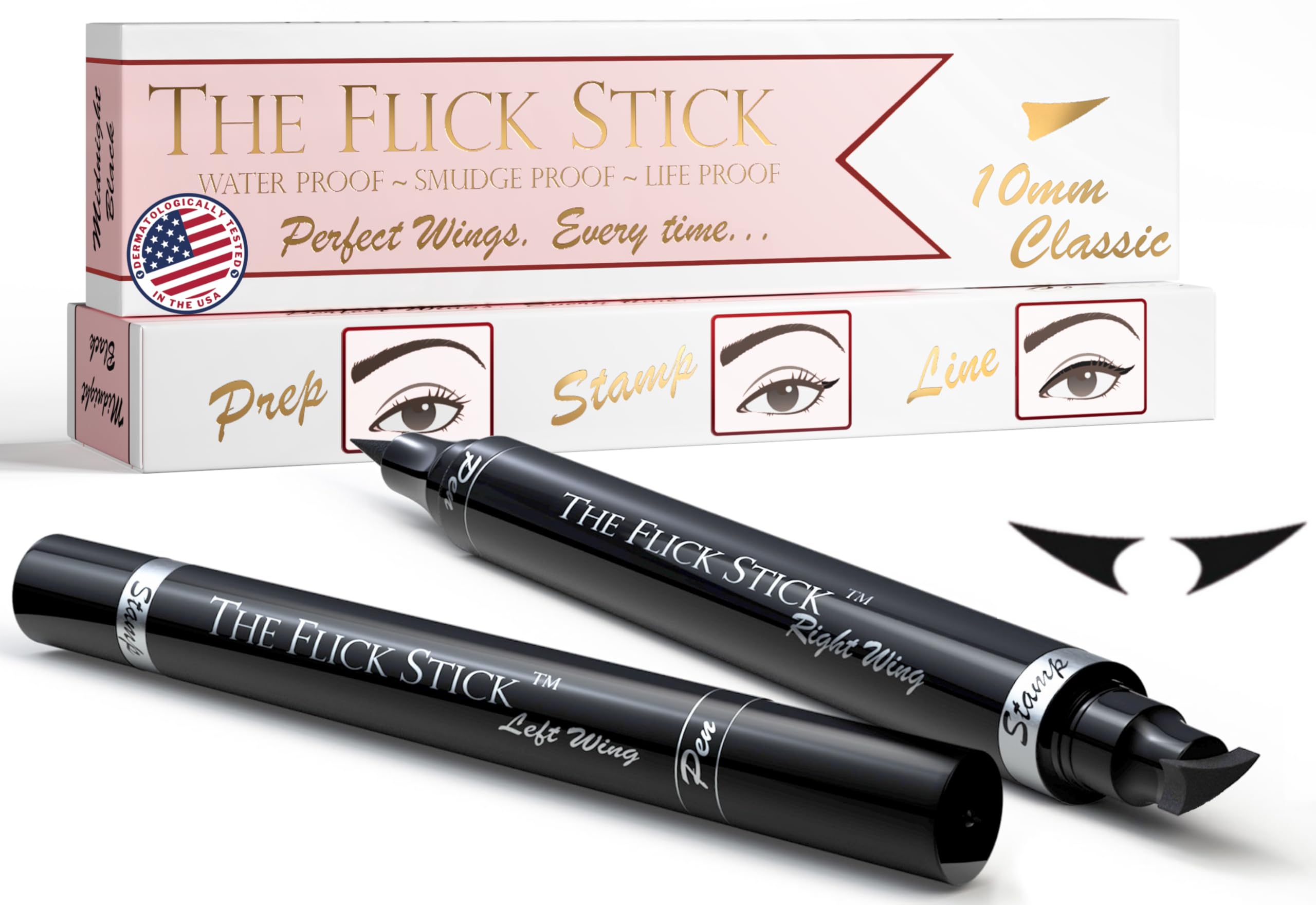 The Flick Stick vista frontal del sello y aplicador, precisión rápida