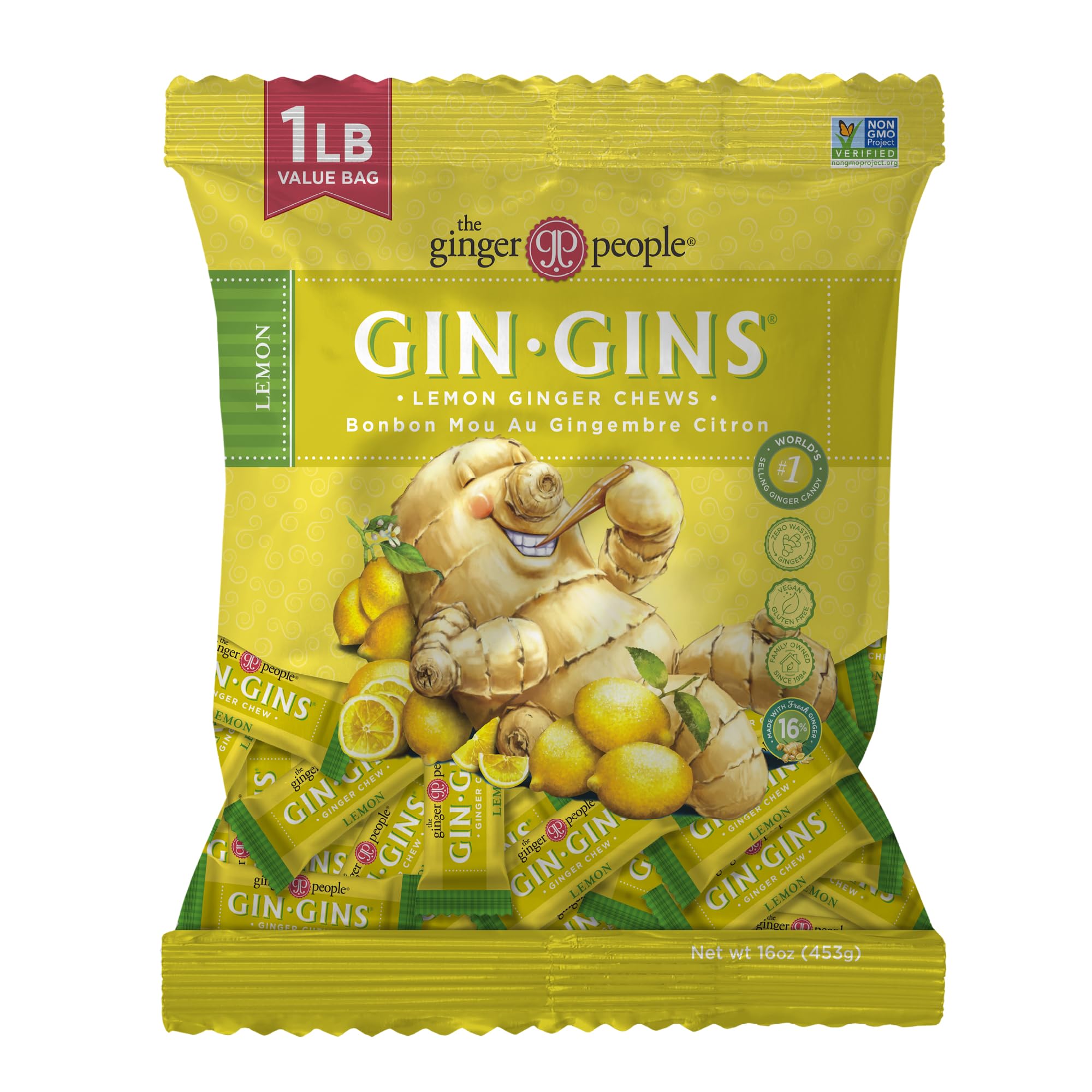 The Ginger People bolsa frontal de GIN GINS Lemon, muestra tamaño y diseño